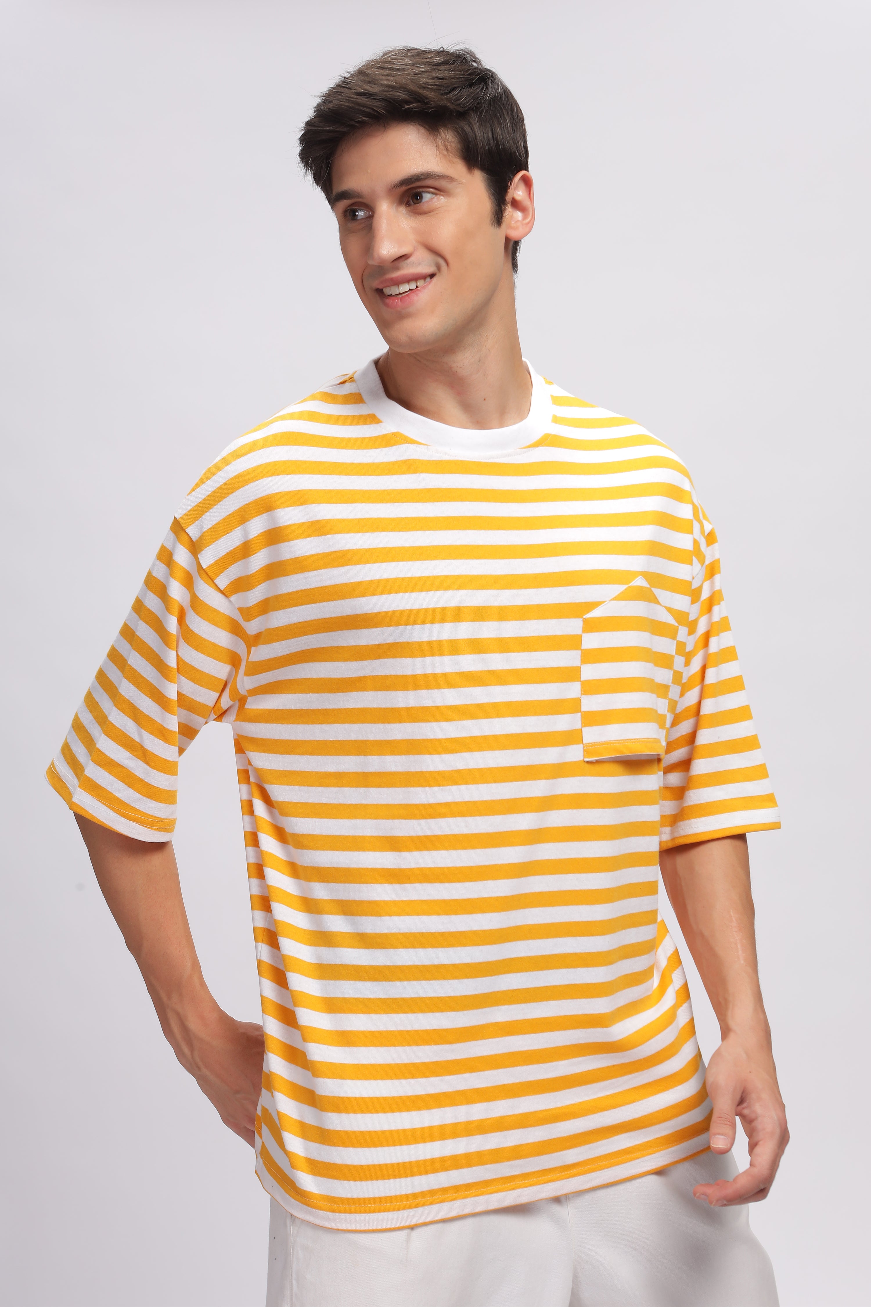 White Yellow Oversized Striped Pocket T-Shirt