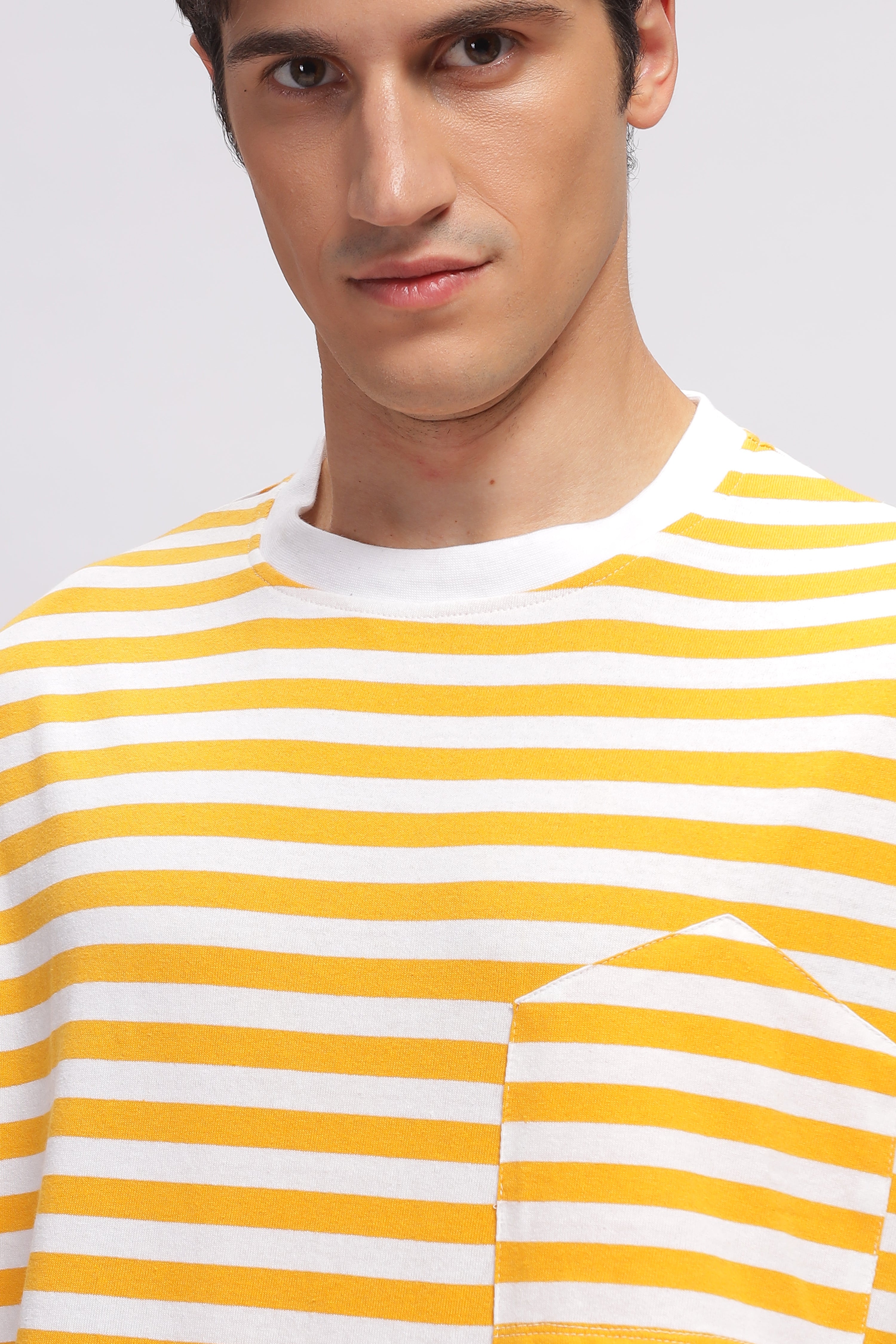 White Yellow Oversized Striped Pocket T-Shirt