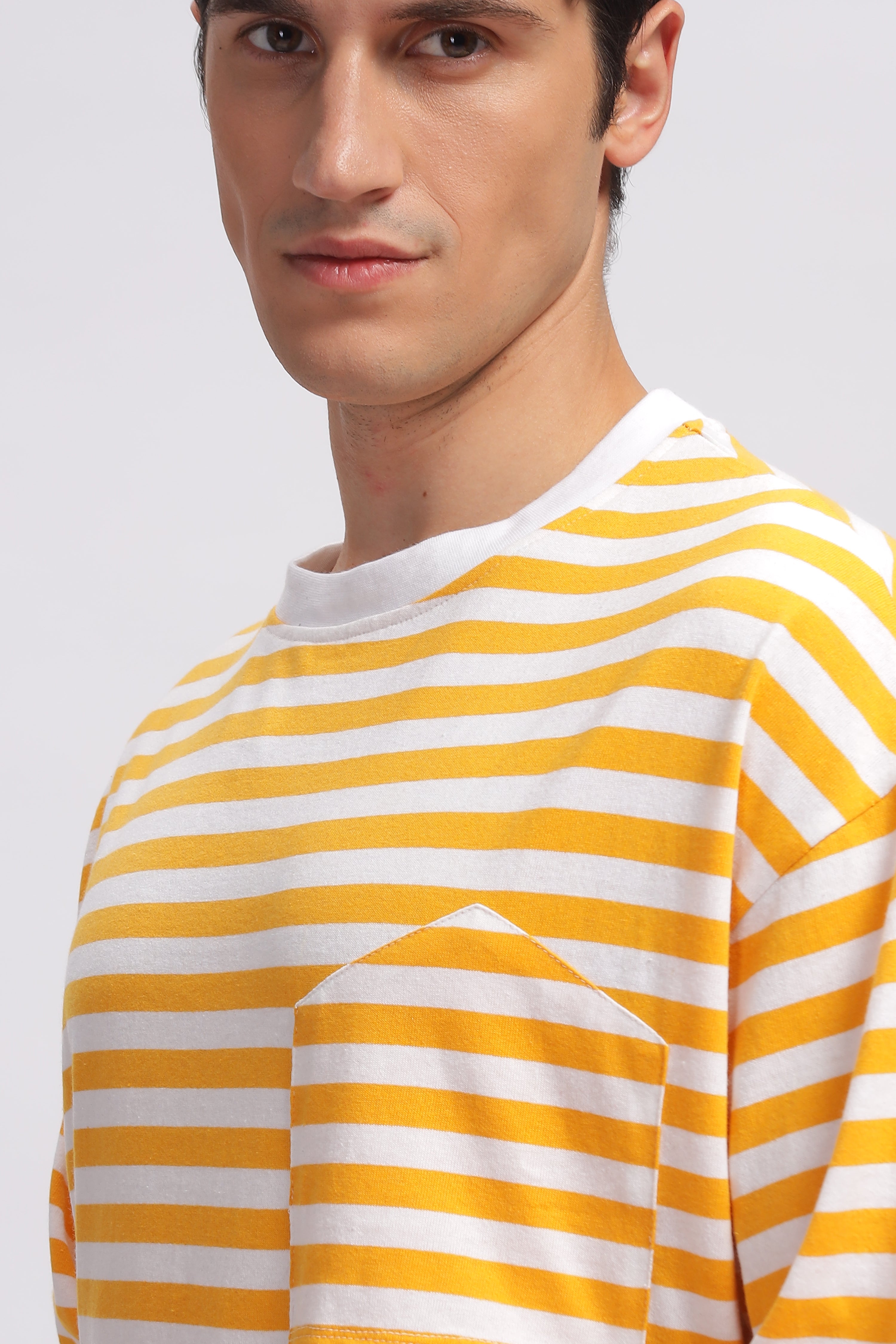 White Yellow Oversized Striped Pocket T-Shirt