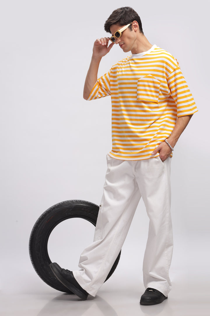 White Yellow Oversized Striped Pocket T-Shirt