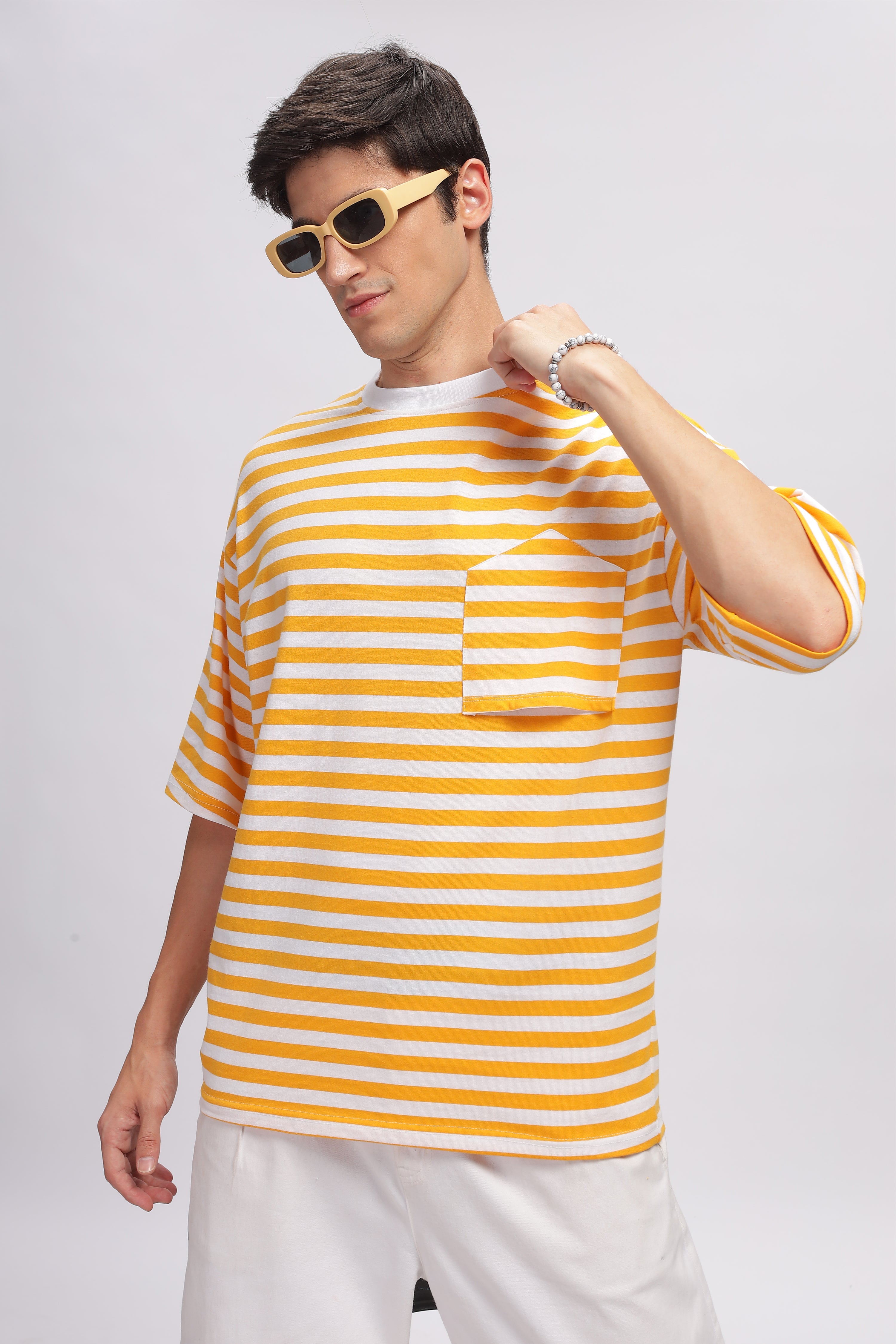 White Yellow Oversized Striped Pocket T-Shirt