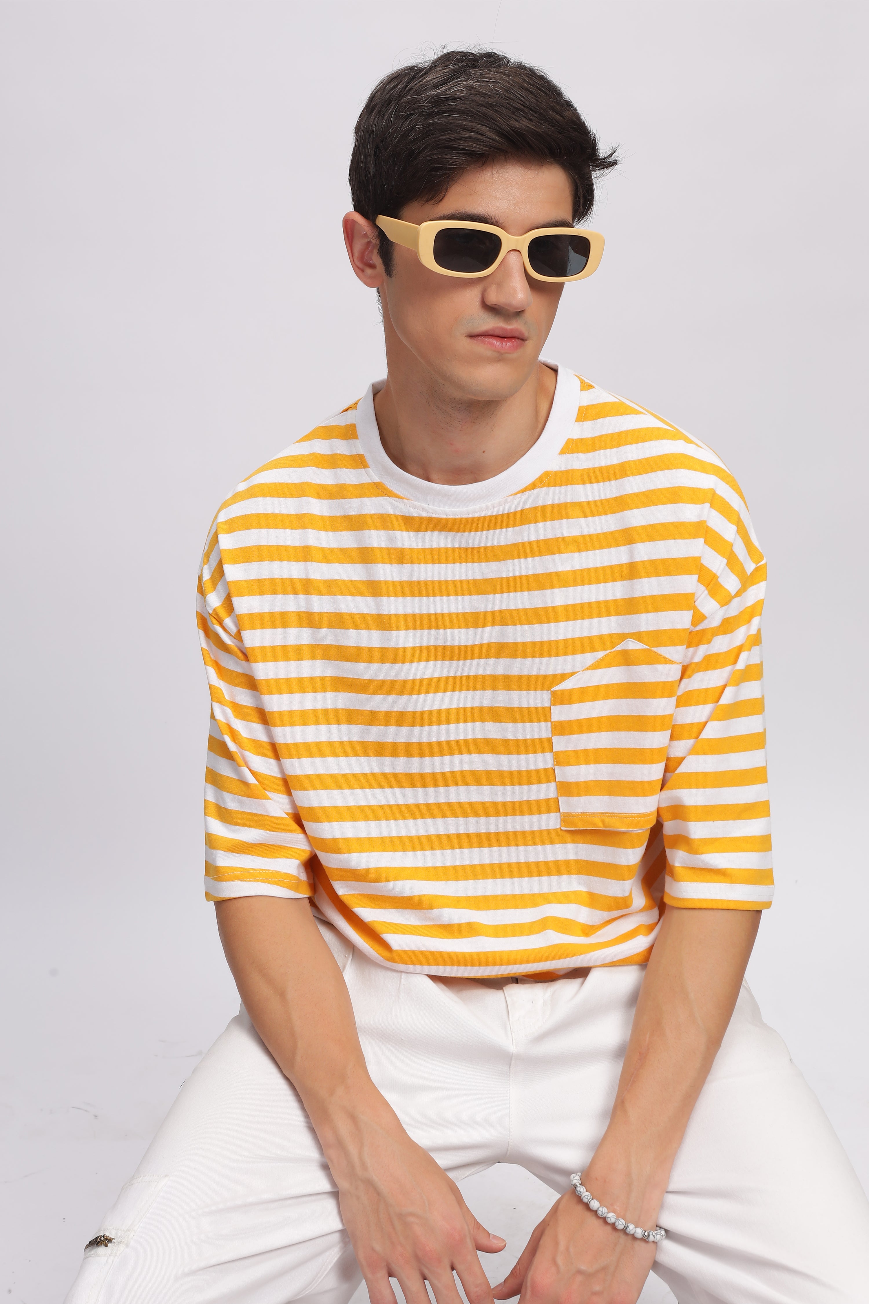 White Yellow Oversized Striped Pocket T-Shirt