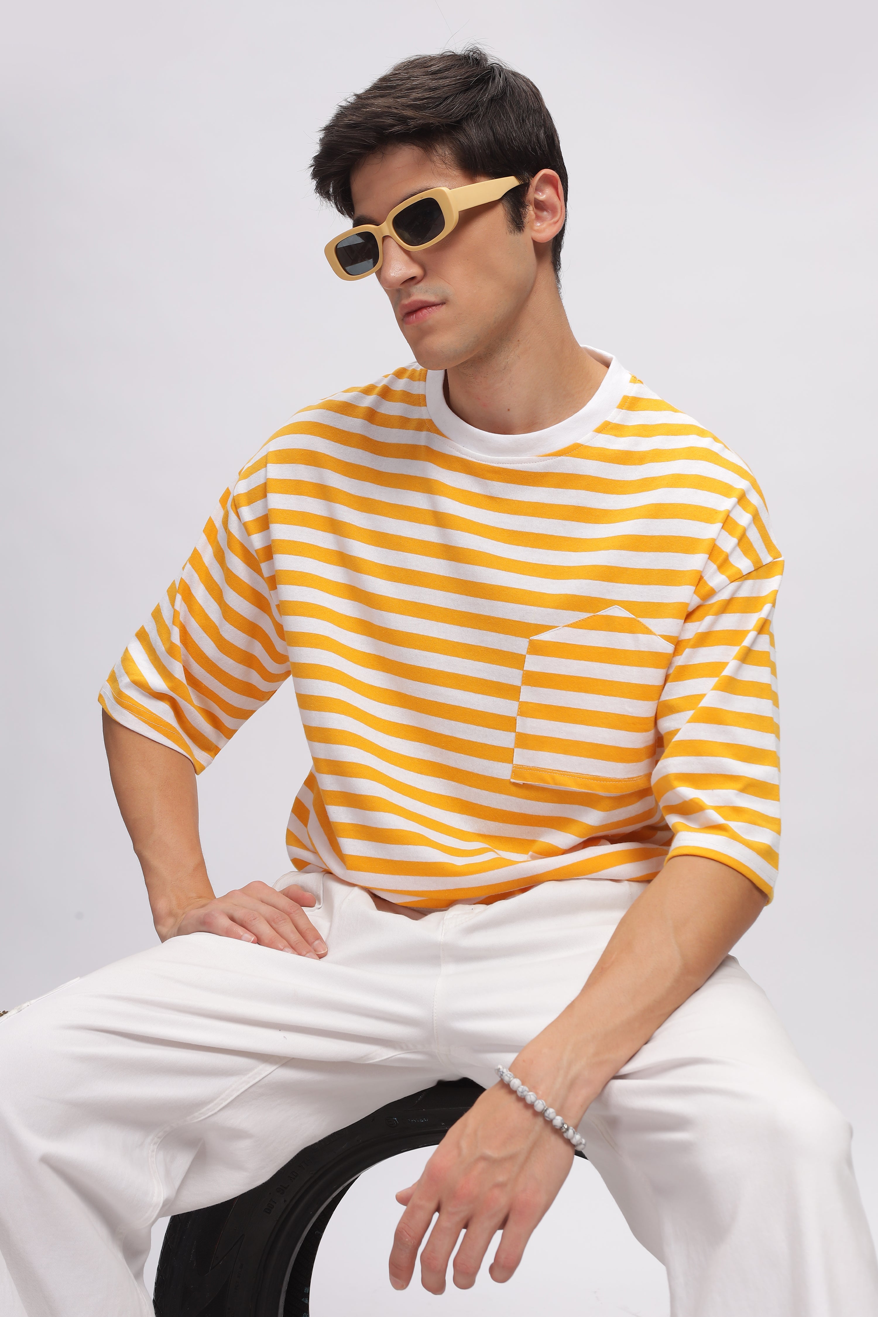 White Yellow Oversized Striped Pocket T-Shirt