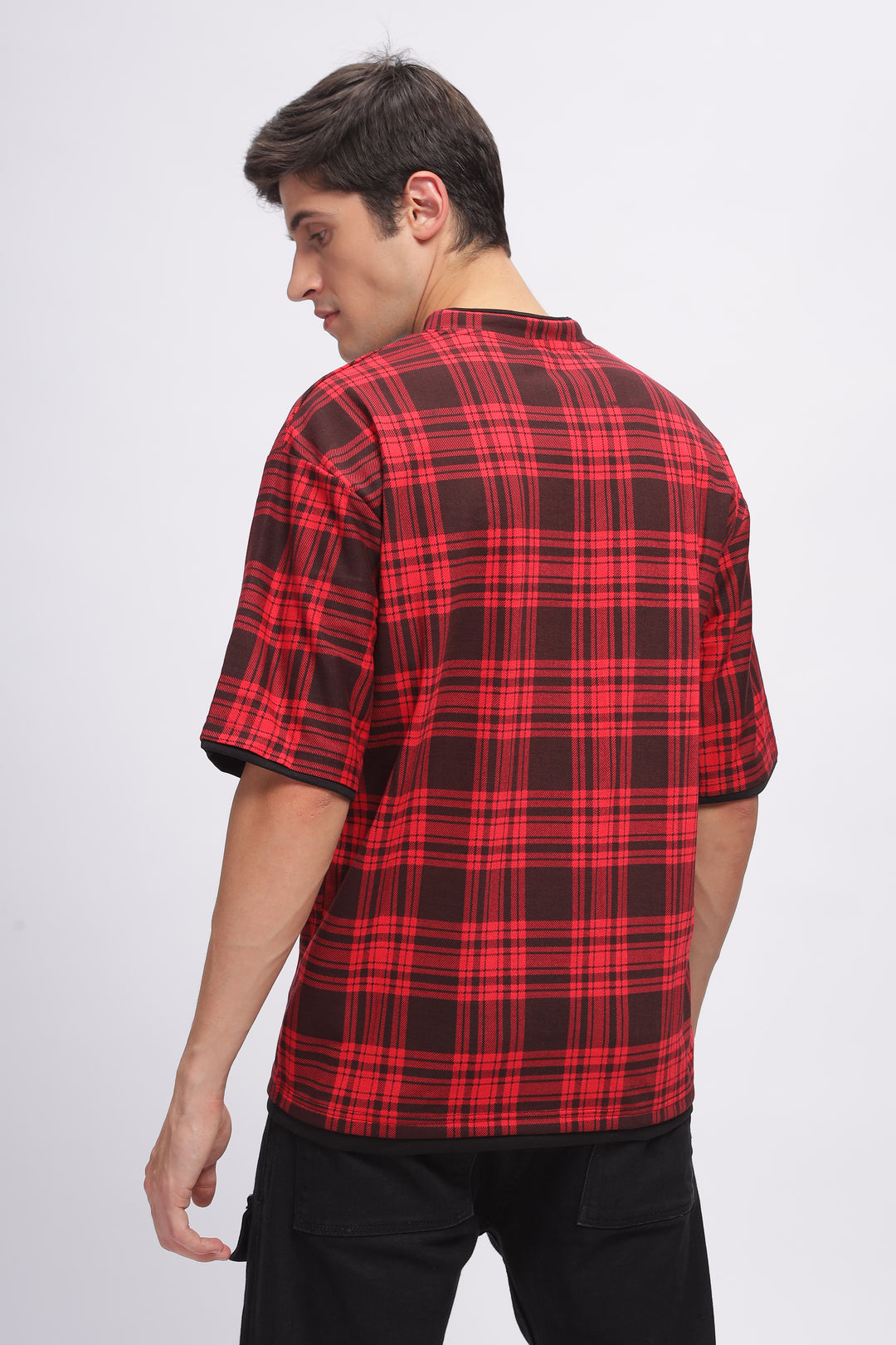 Red Oversized Check Printed T-Shirt