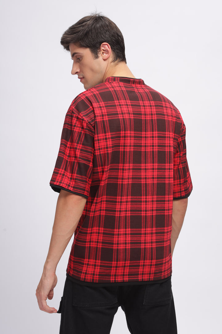 Red Oversized Check Printed T-Shirt