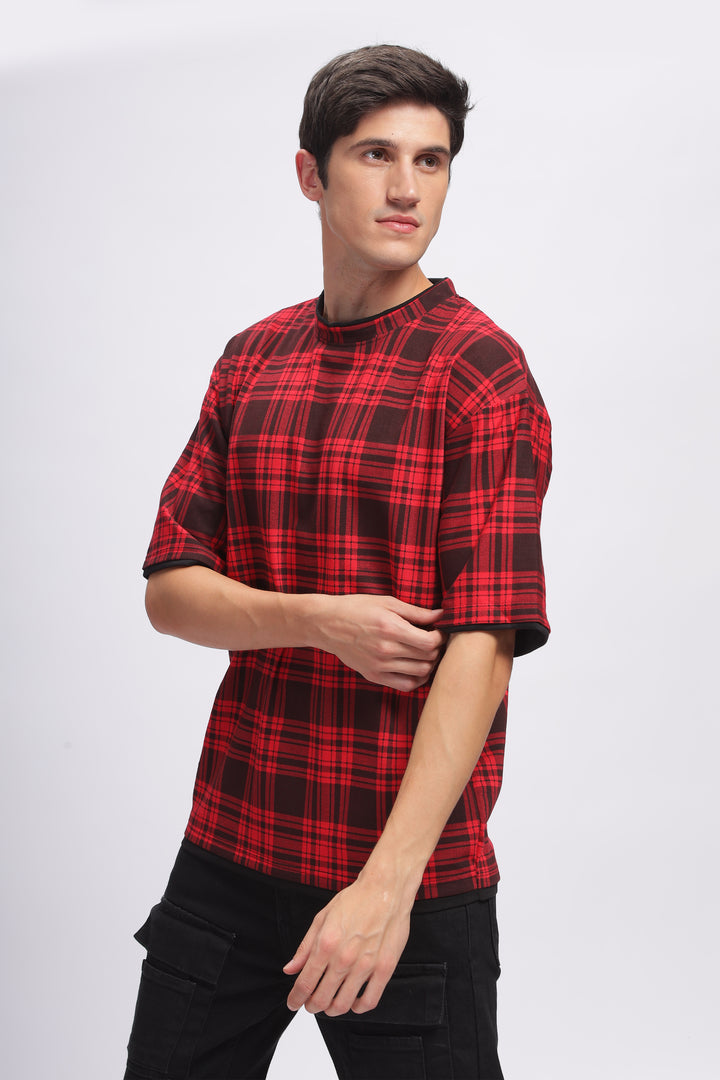 Red Oversized Check Printed T-Shirt