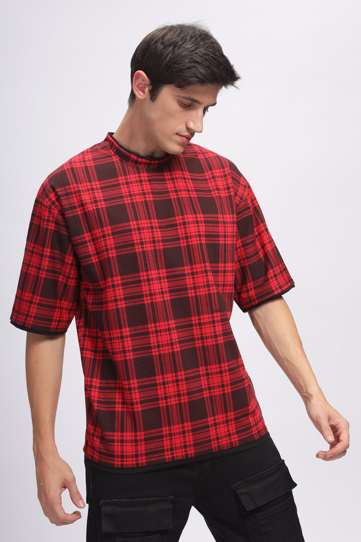 Red Oversized Check Printed T-Shirt