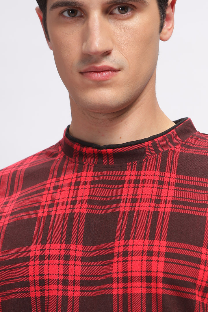 Red Oversized Check Printed T-Shirt
