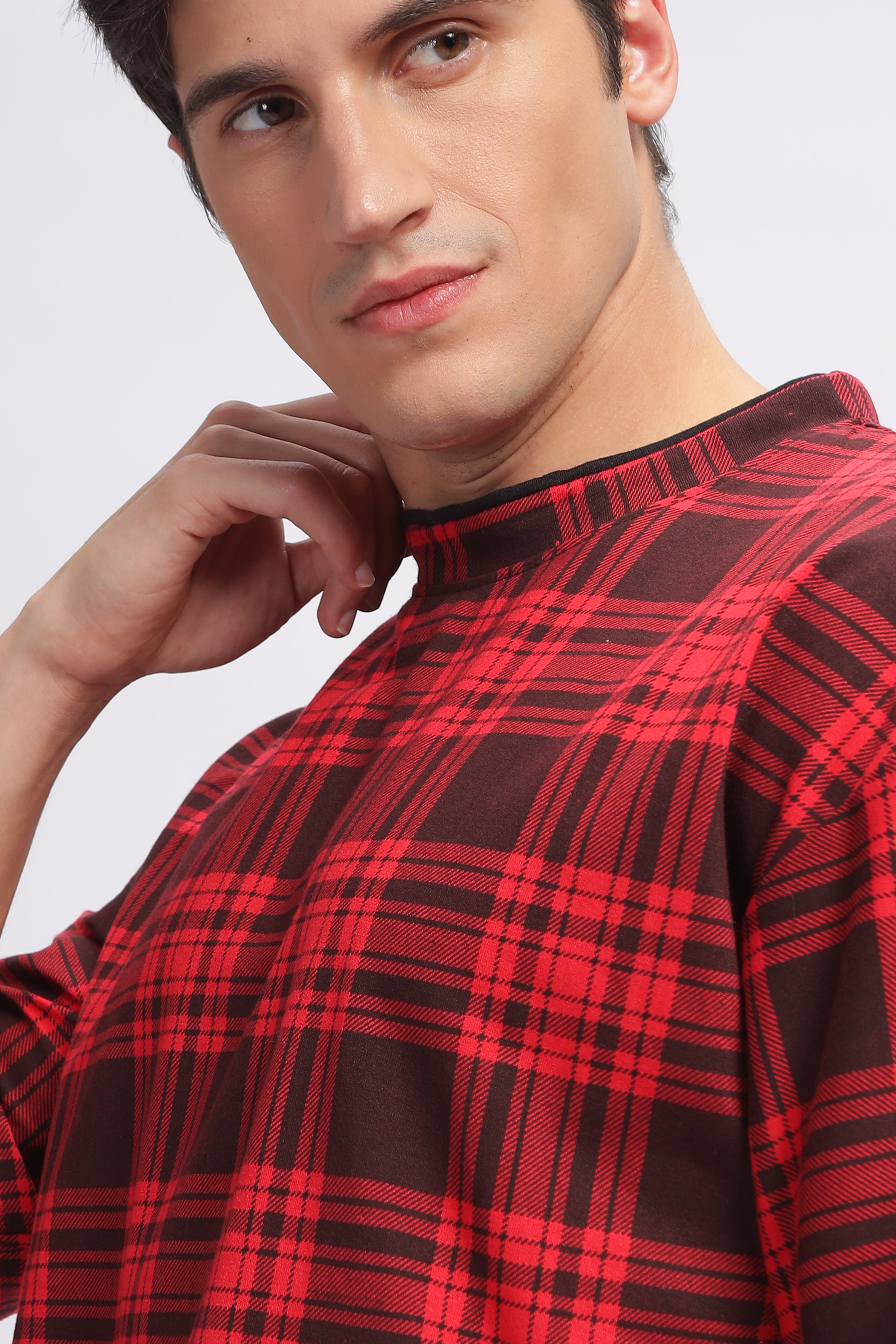 Red Oversized Check Printed T-Shirt