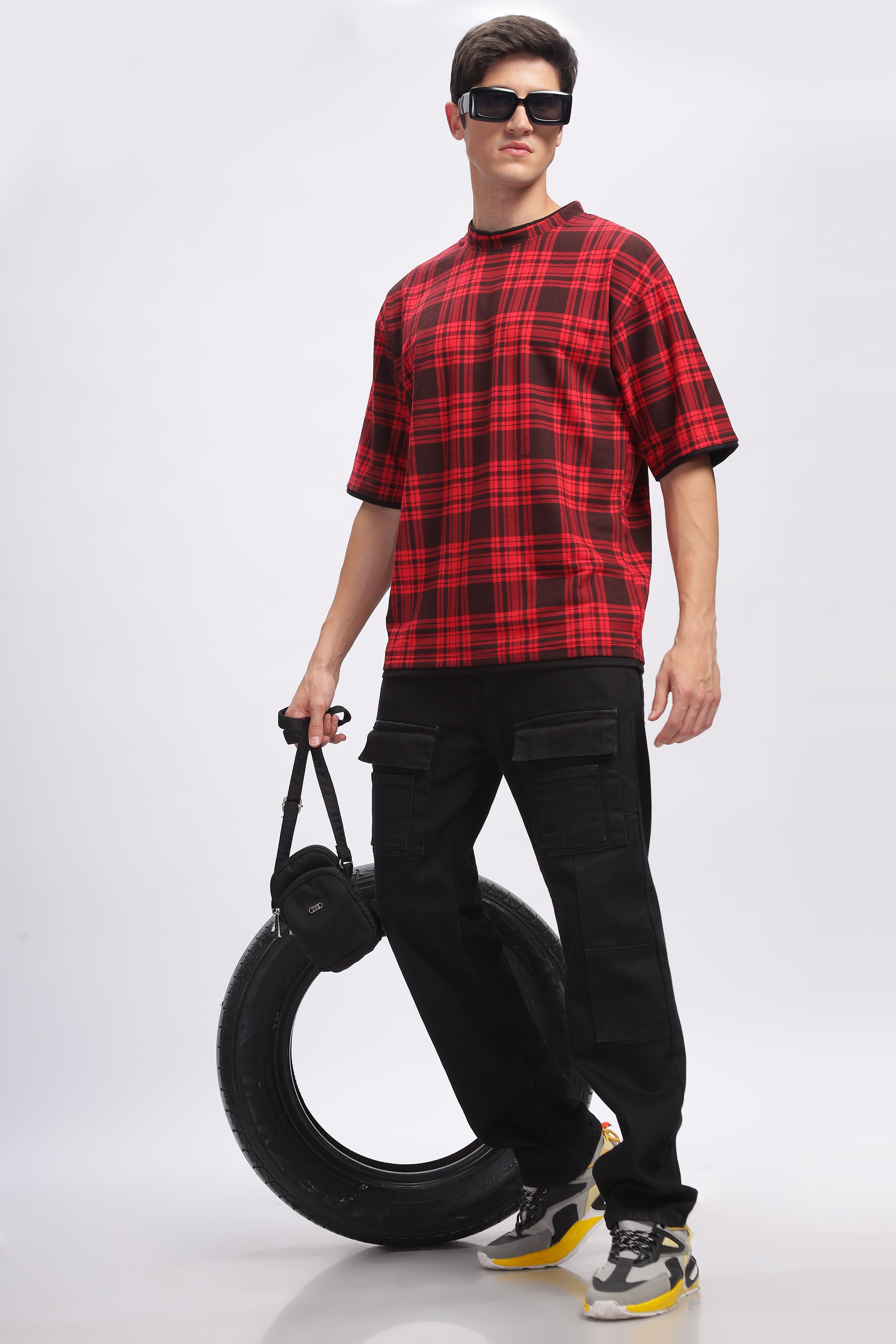 Red Oversized Check Printed T-Shirt