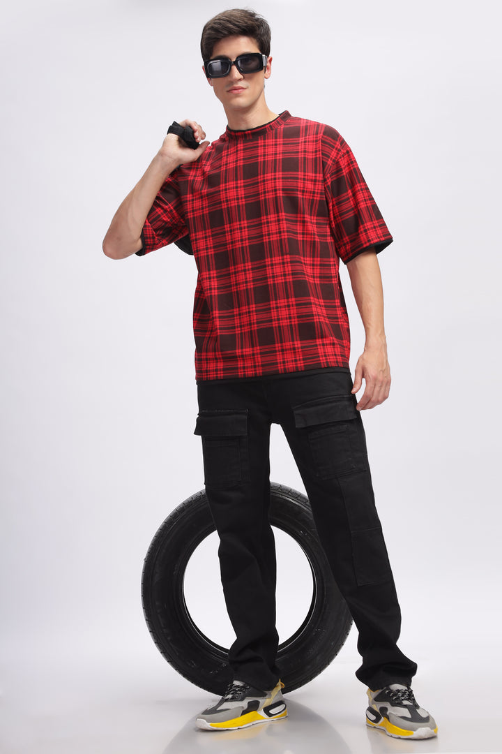 Red Oversized Check Printed T-Shirt