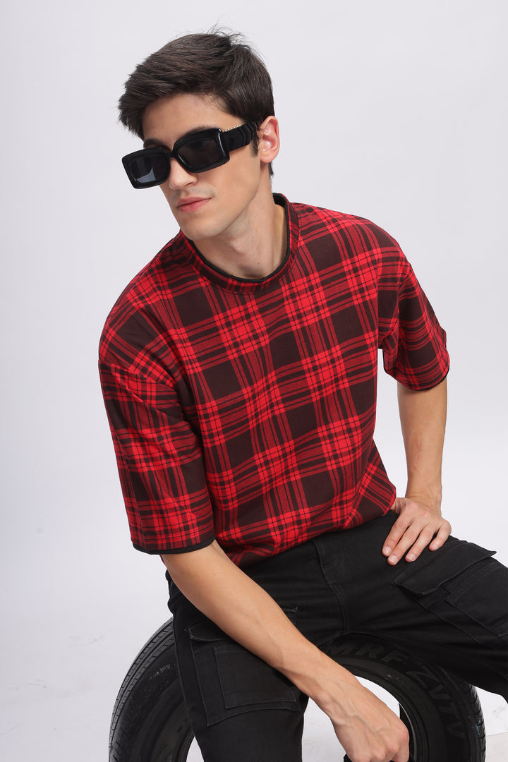 Red Oversized Check Printed T-Shirt