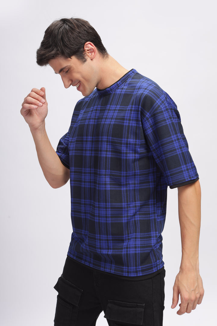 Blue Check Oversized Printed T-Shirt