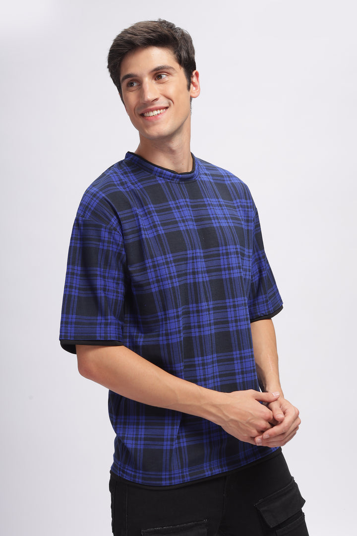 Blue Check Oversized Printed T-Shirt