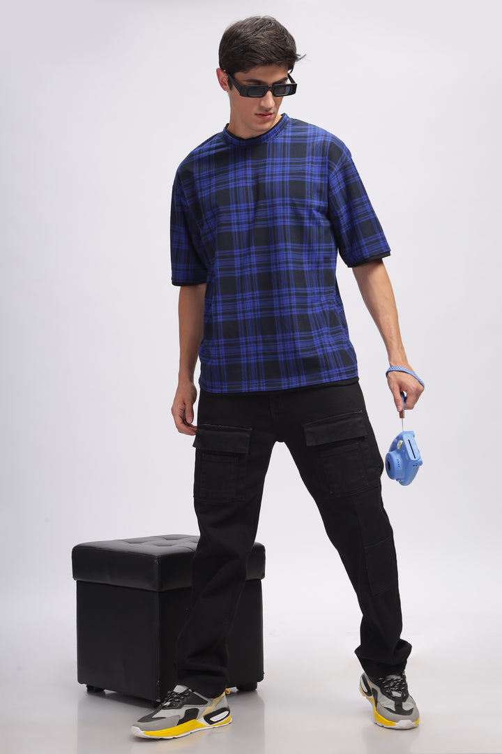 Blue Check Oversized Printed T-Shirt
