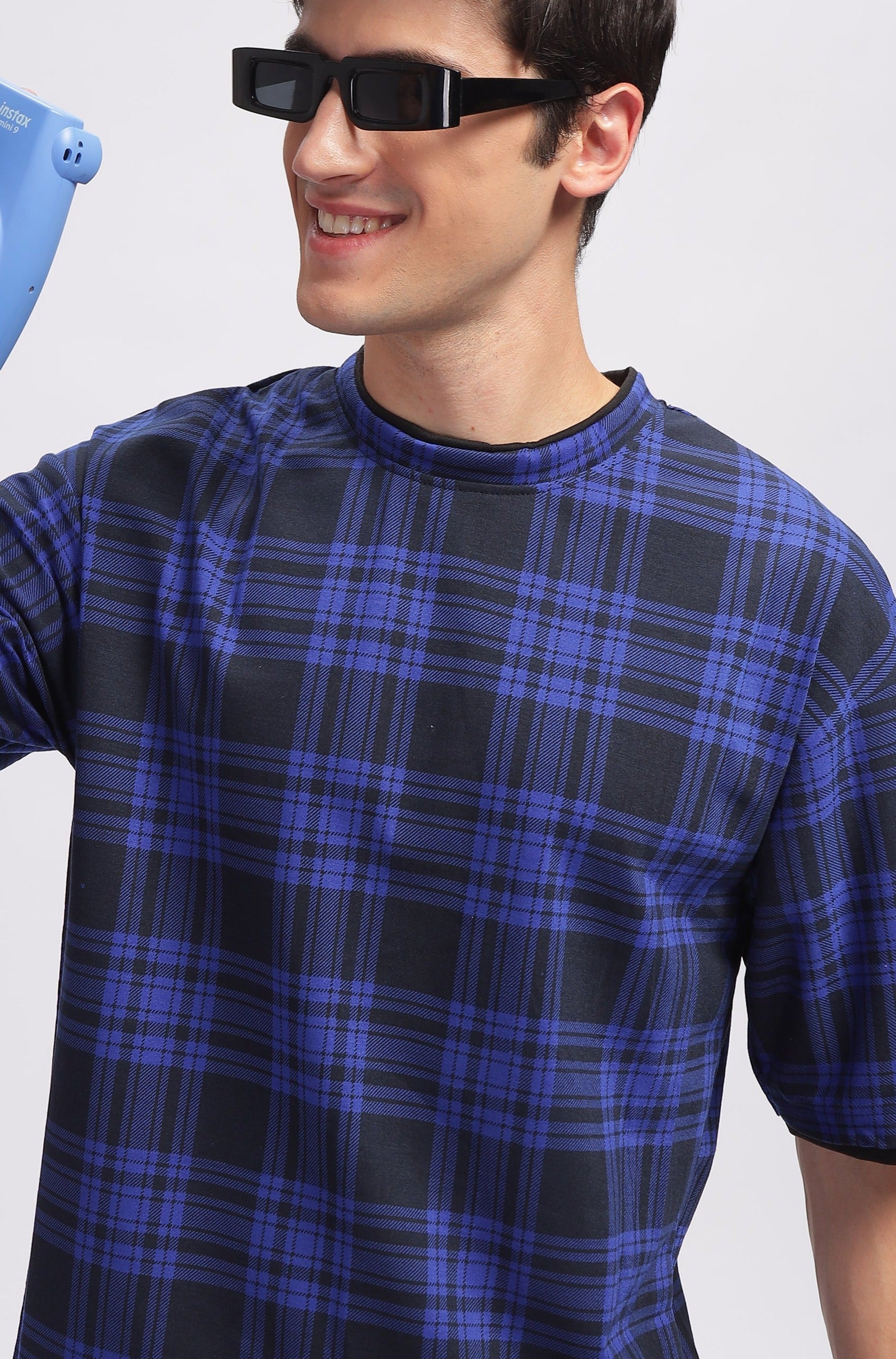 Blue Check Oversized Printed T-Shirt