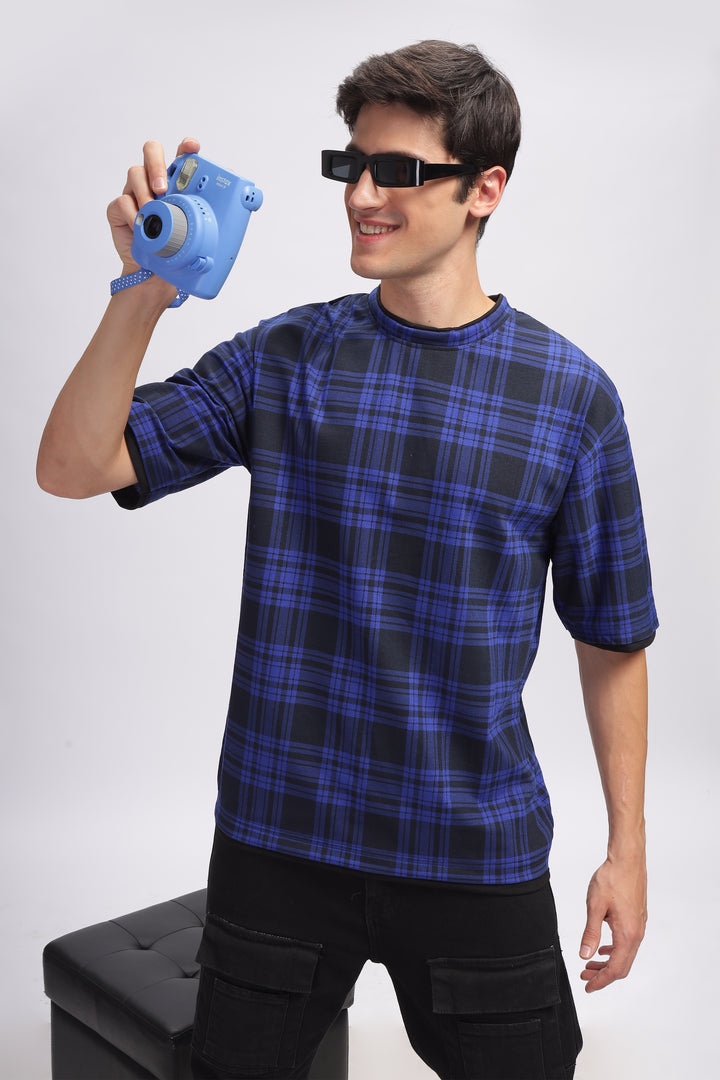 Blue Check Oversized Printed T-Shirt