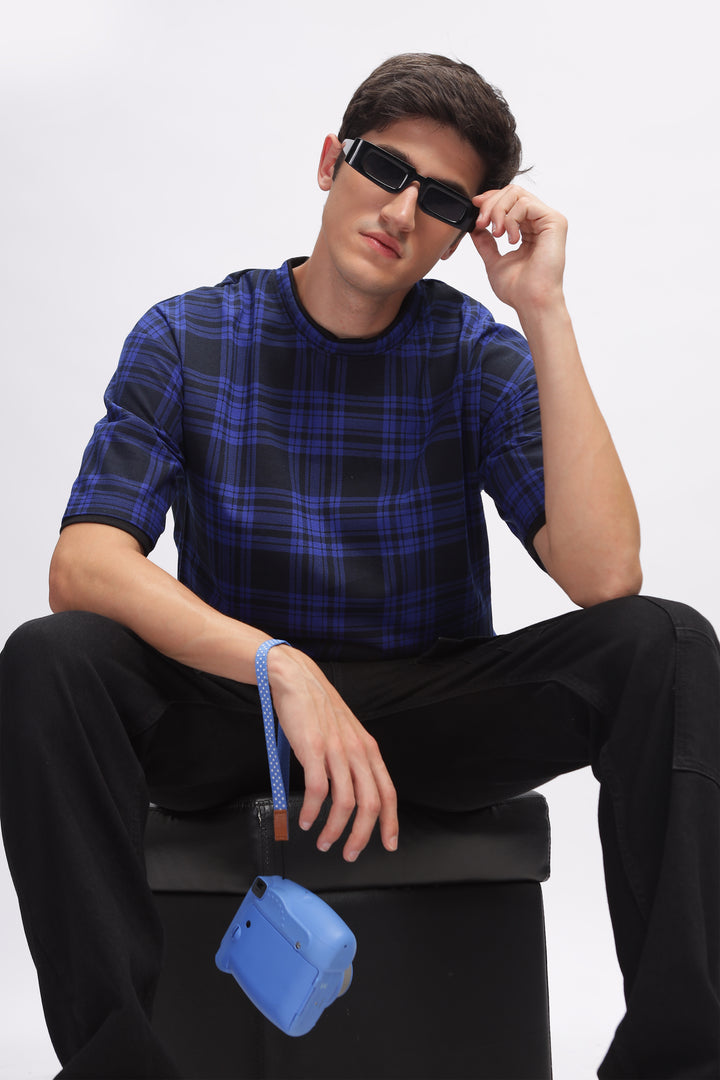Blue Check Oversized Printed T-Shirt