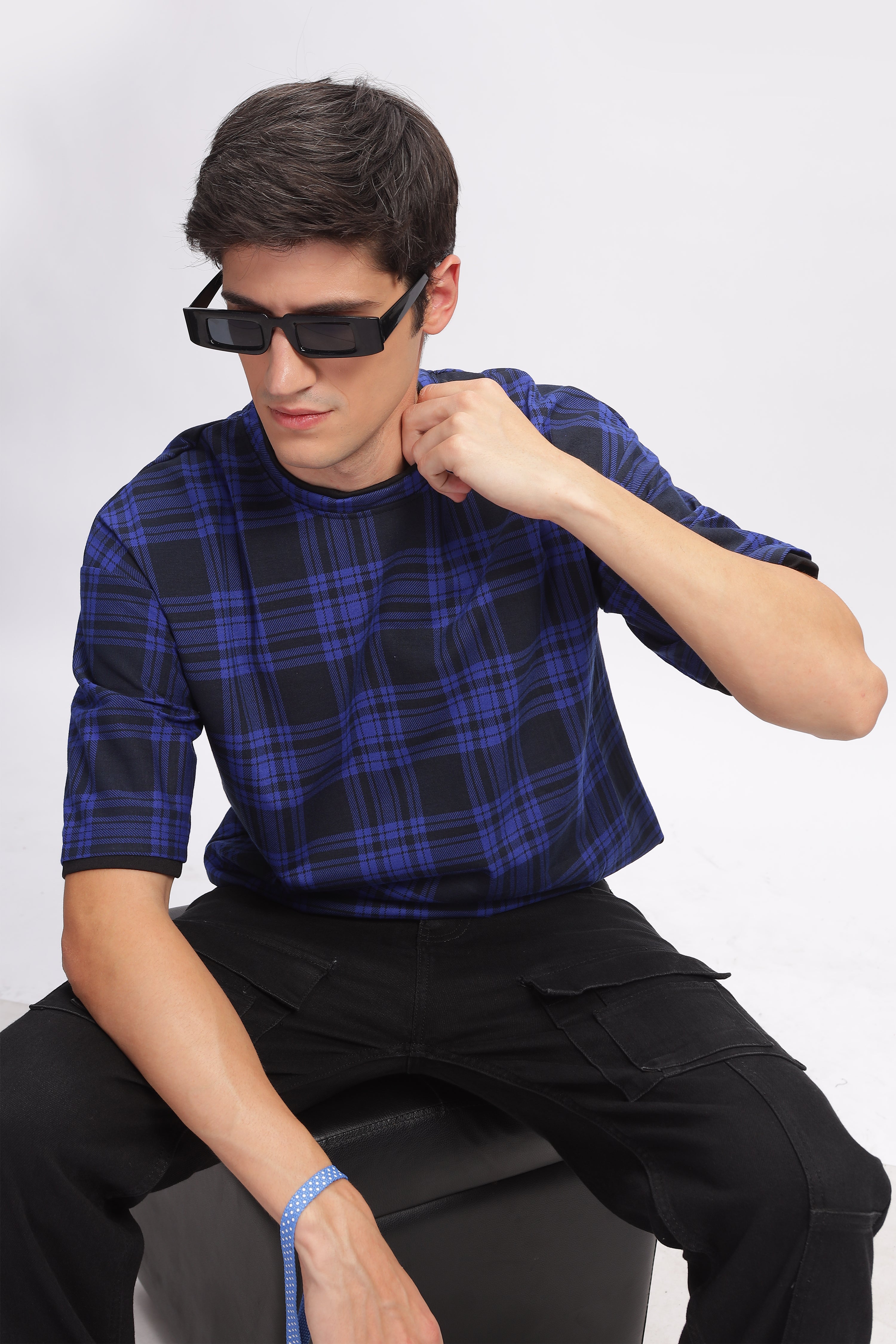 Blue Check Oversized Printed T-Shirt