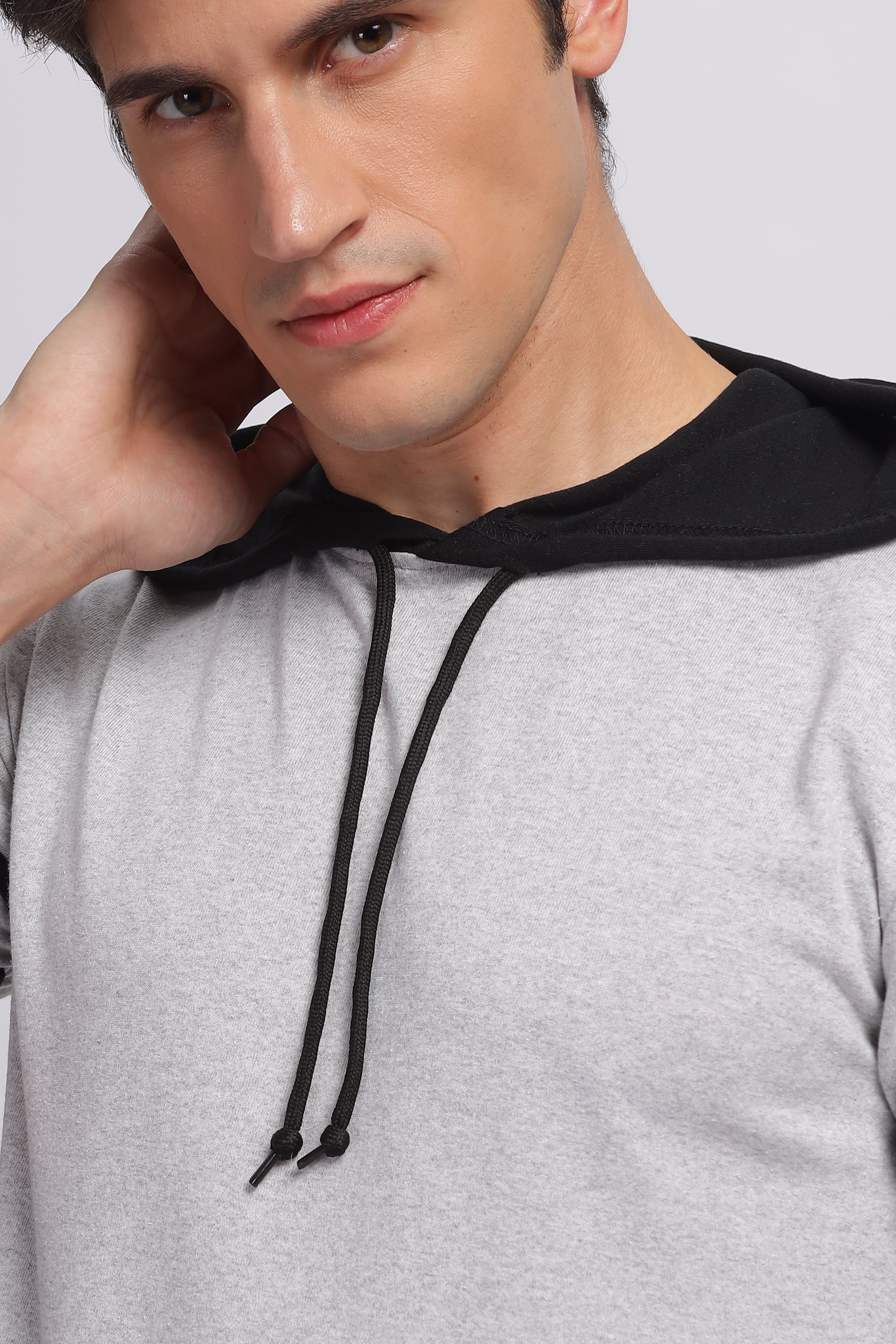 Grey Colorblocked Cotton Hooded T-Shirt