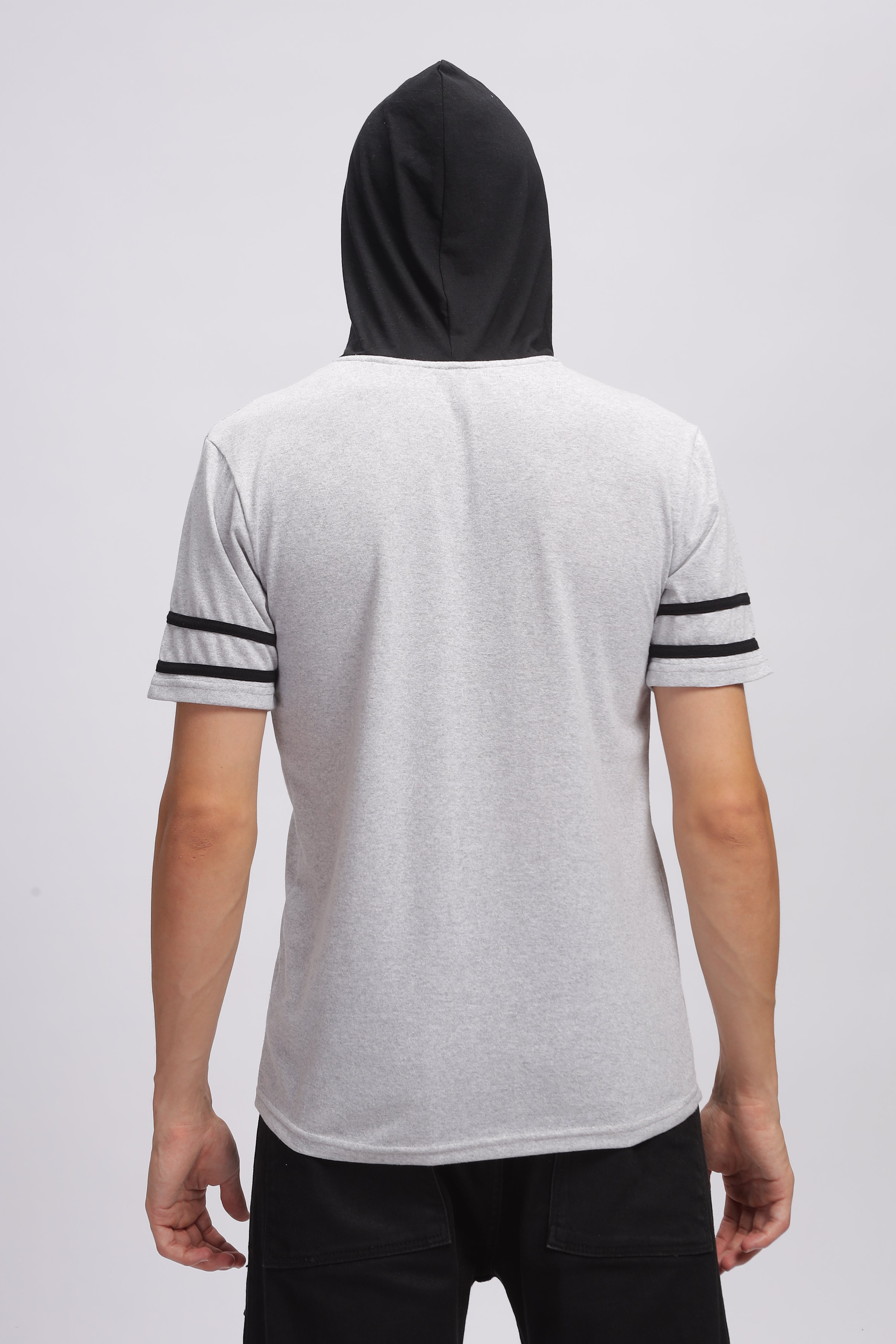 Grey Colorblocked Cotton Hooded T-Shirt