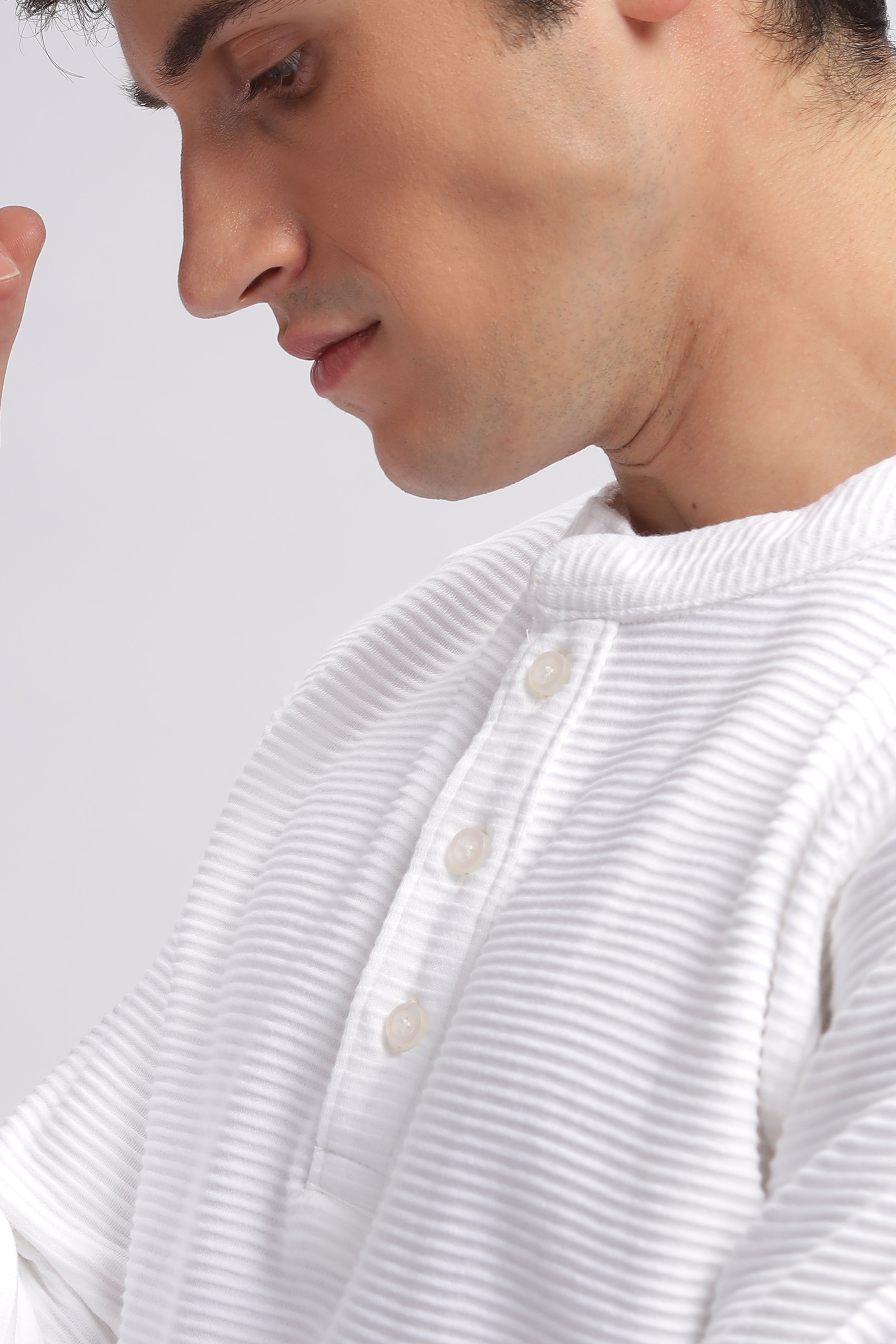 White Henley Self Design T-Shirt