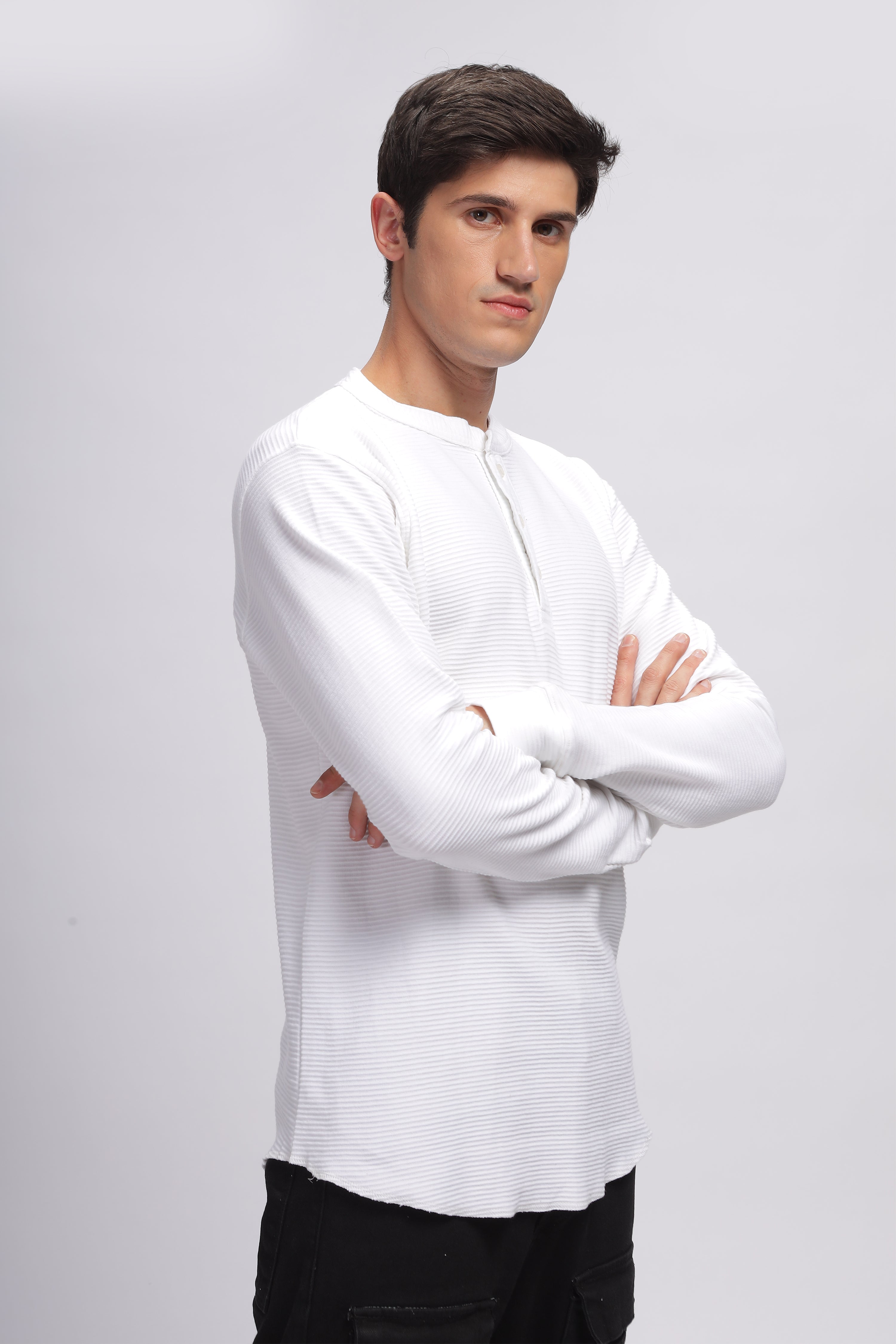 White Henley Self Design T-Shirt