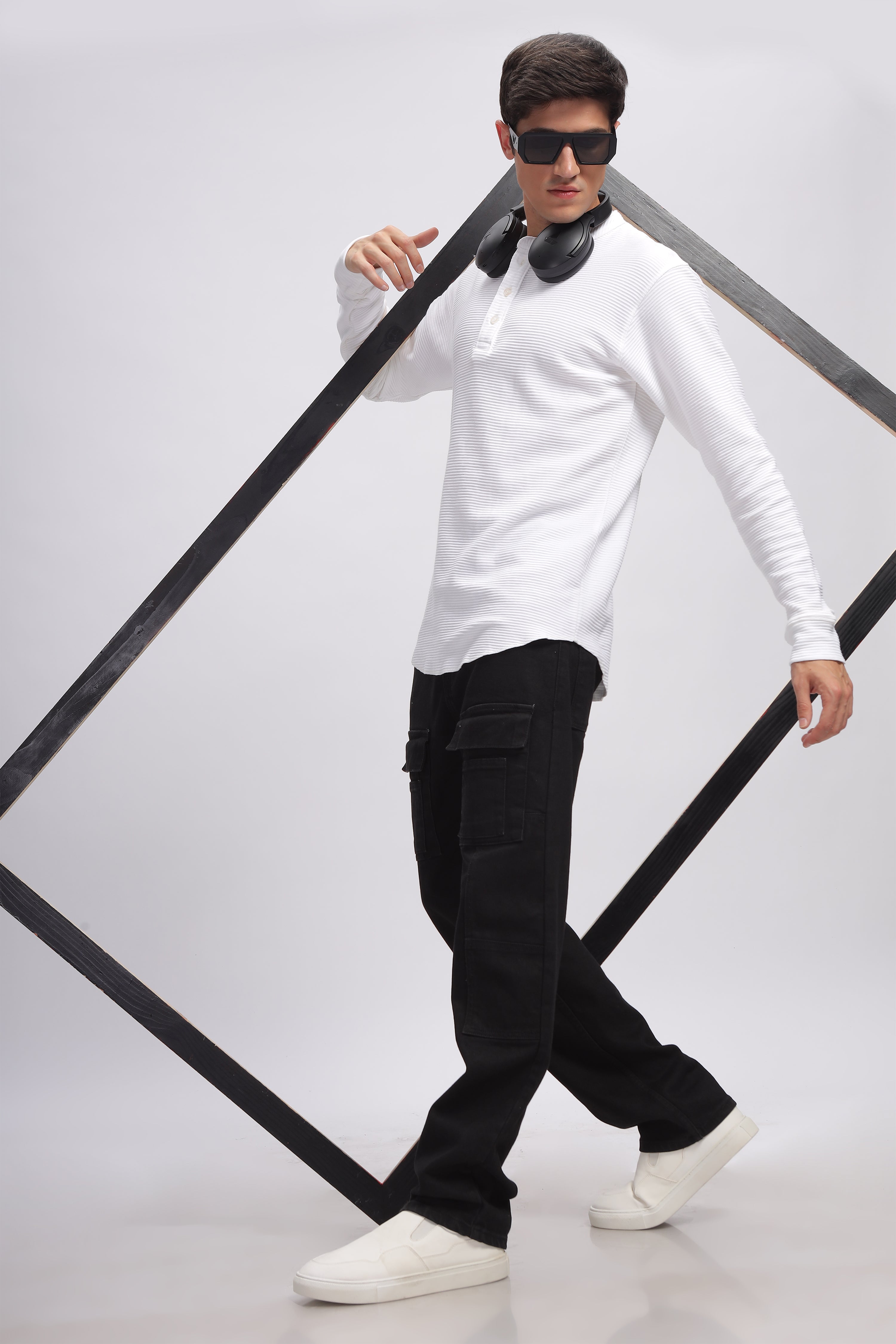 White Henley Self Design T-Shirt