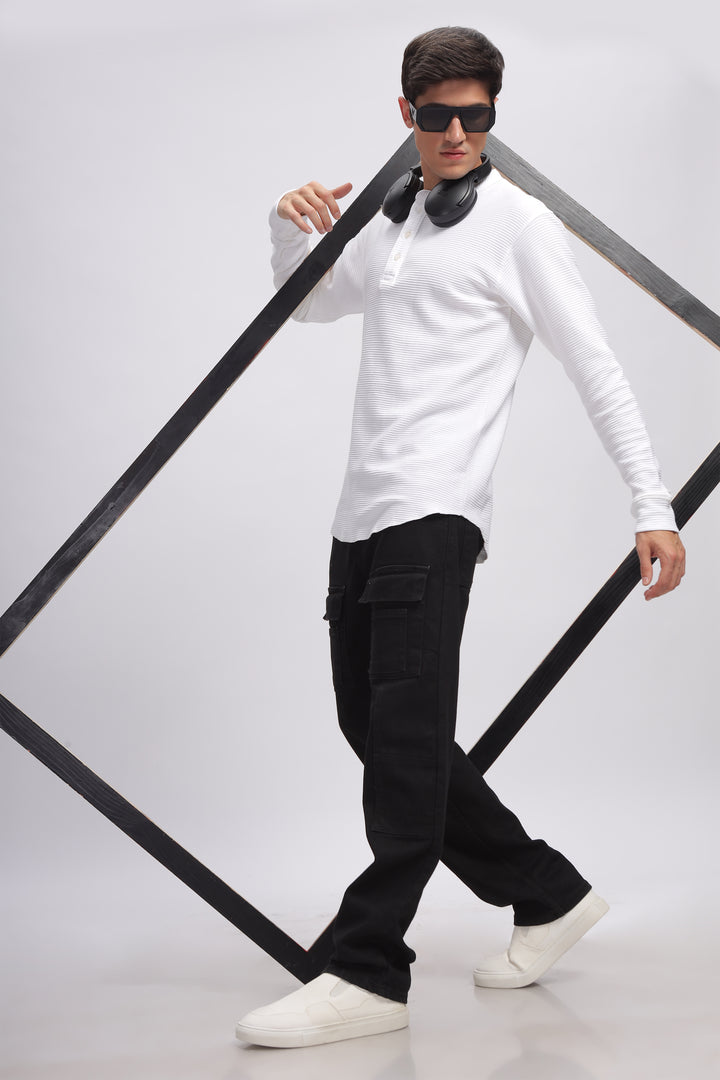 White Henley Self Design T-Shirt