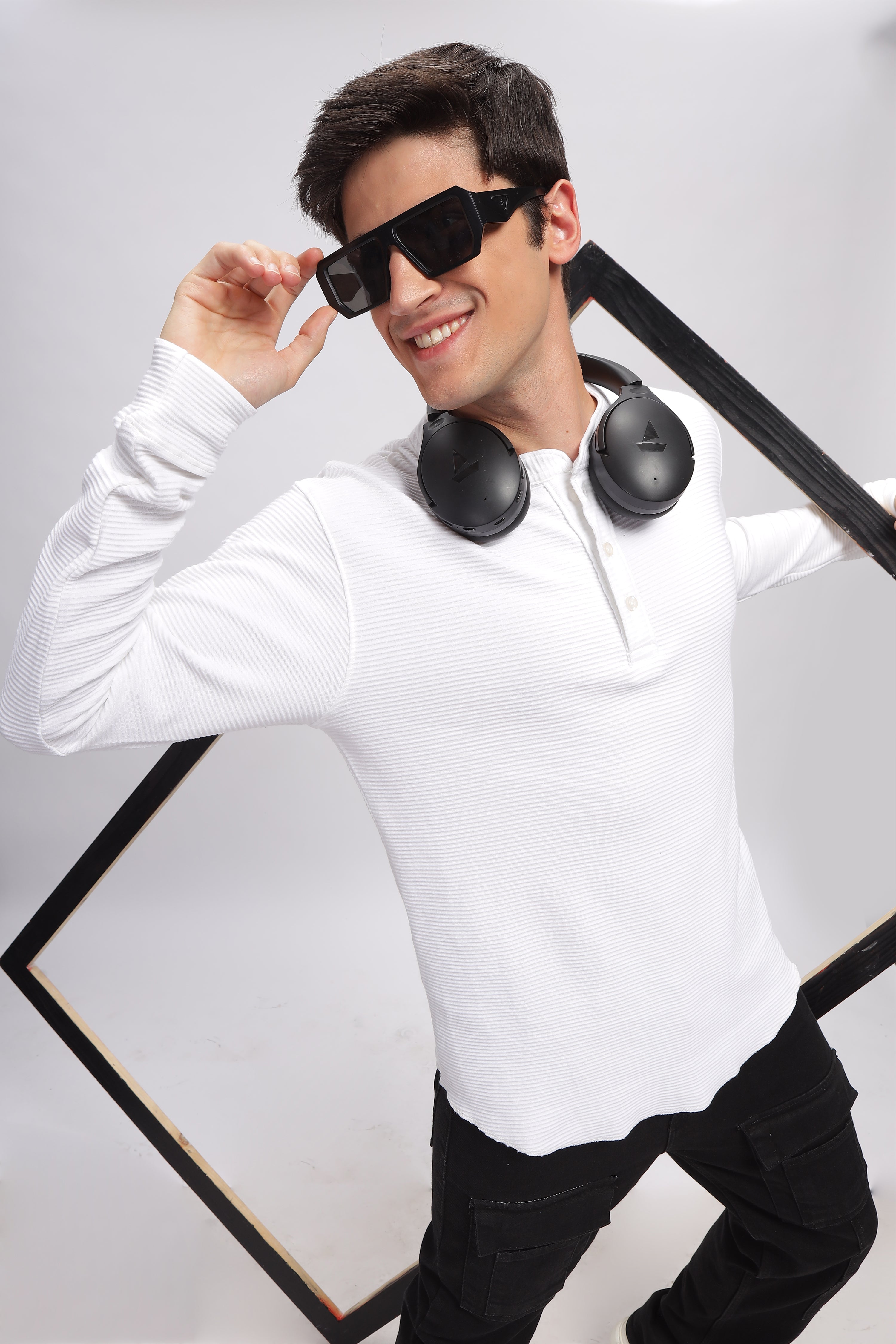 White Henley Self Design T-Shirt