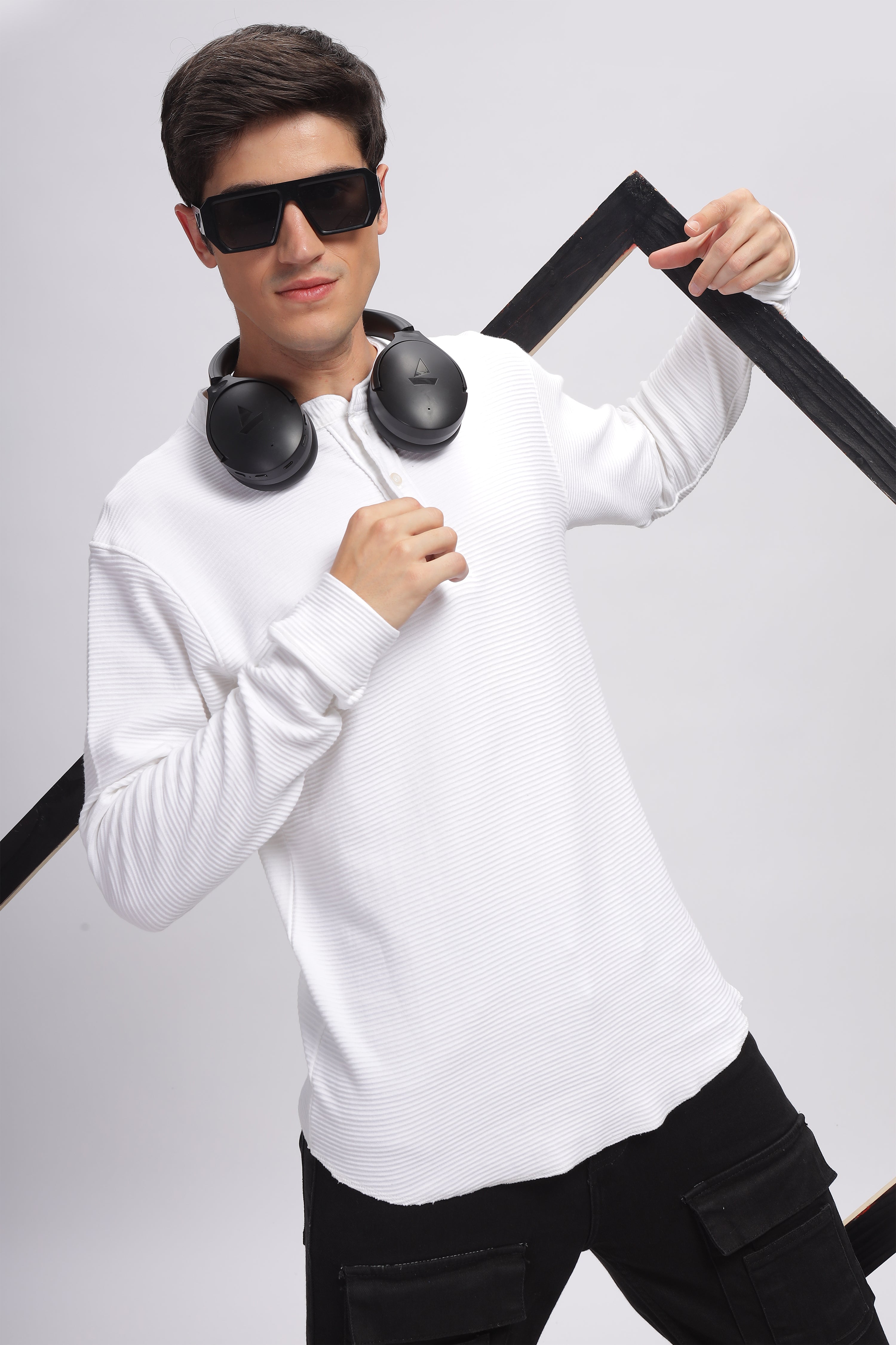 White Henley Self Design T-Shirt