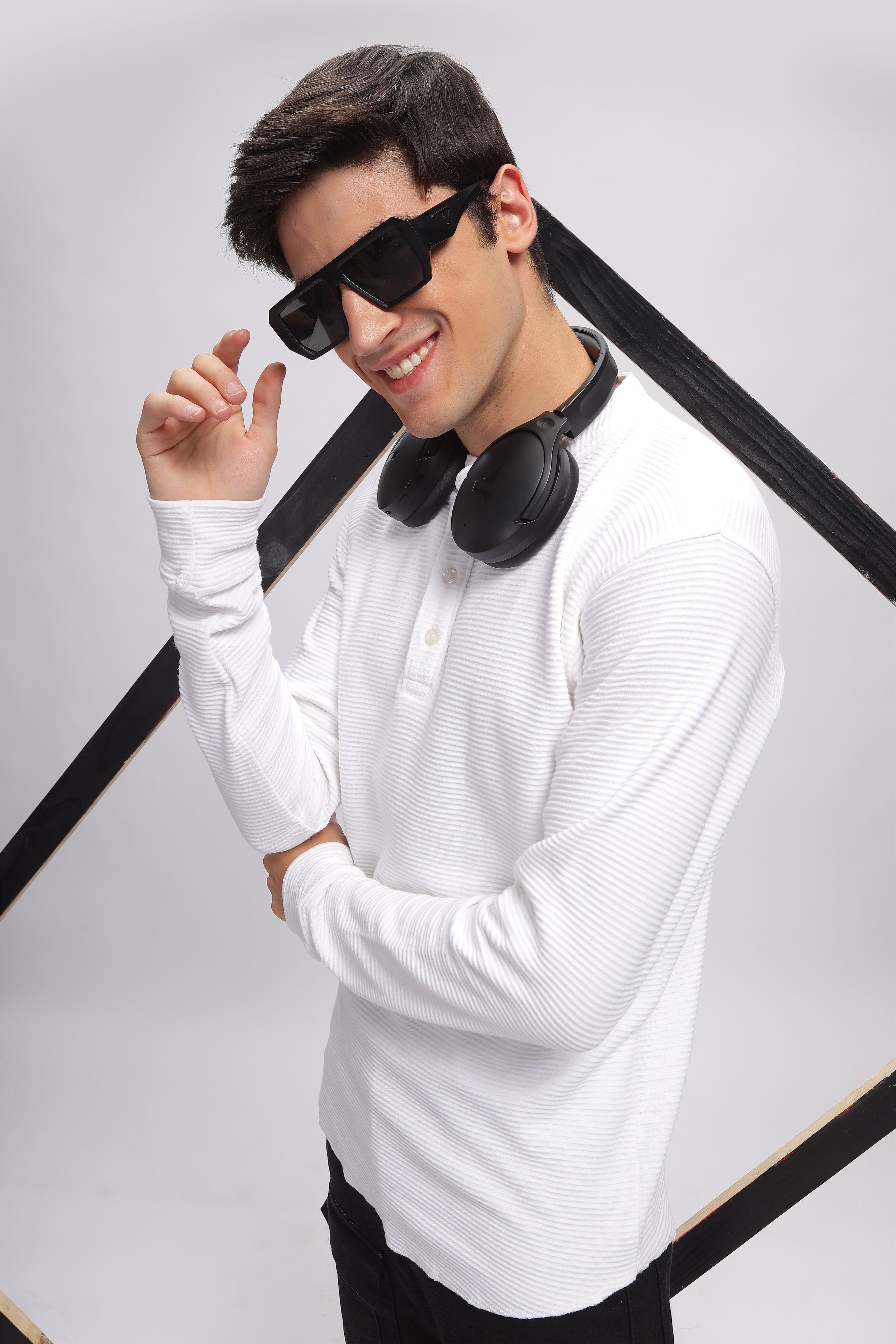 White Henley Self Design T-Shirt