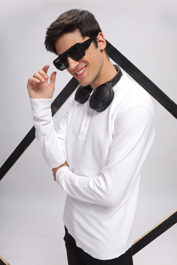 White Henley Self Design T-Shirt