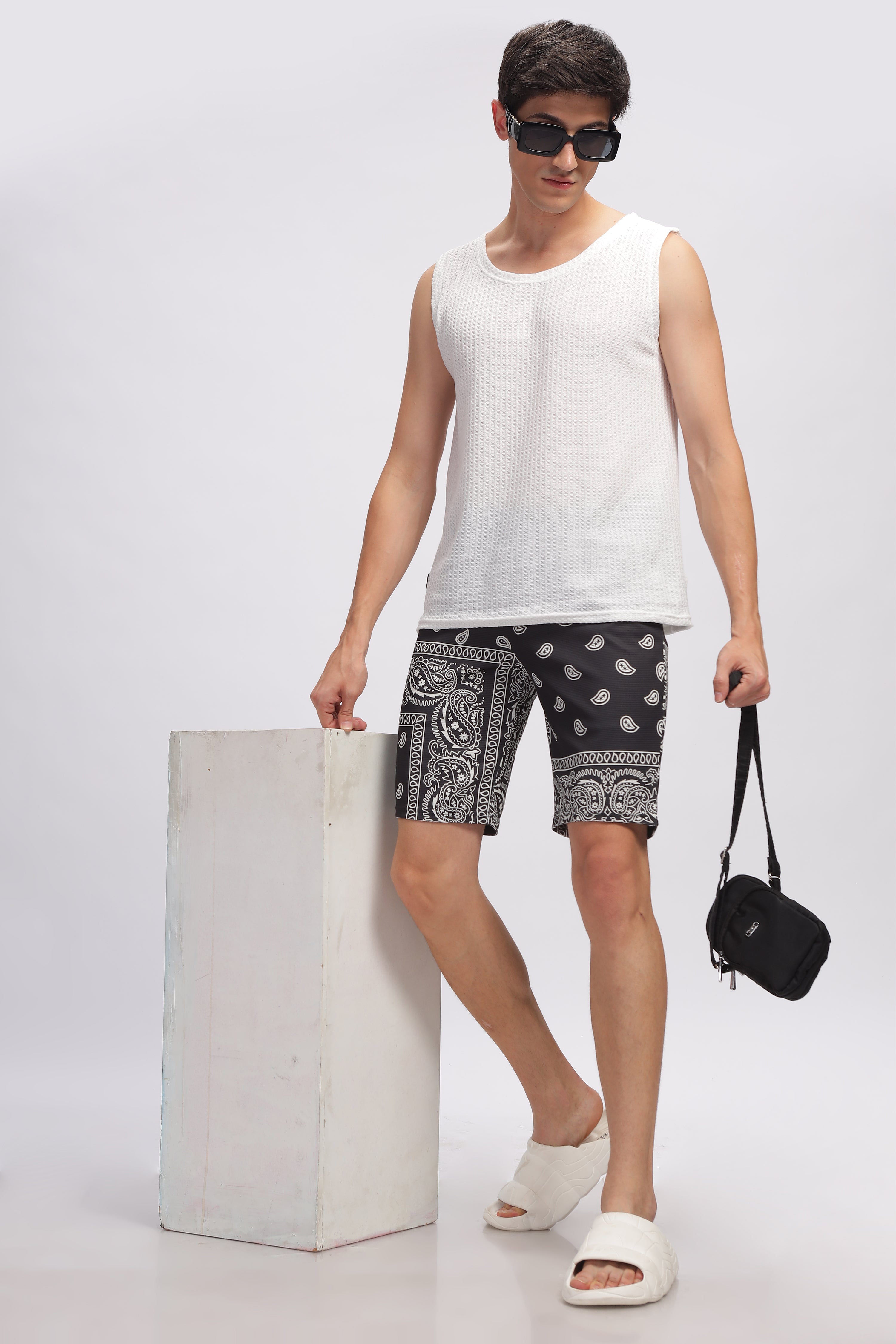 White Black Abstract Printed Summer Short