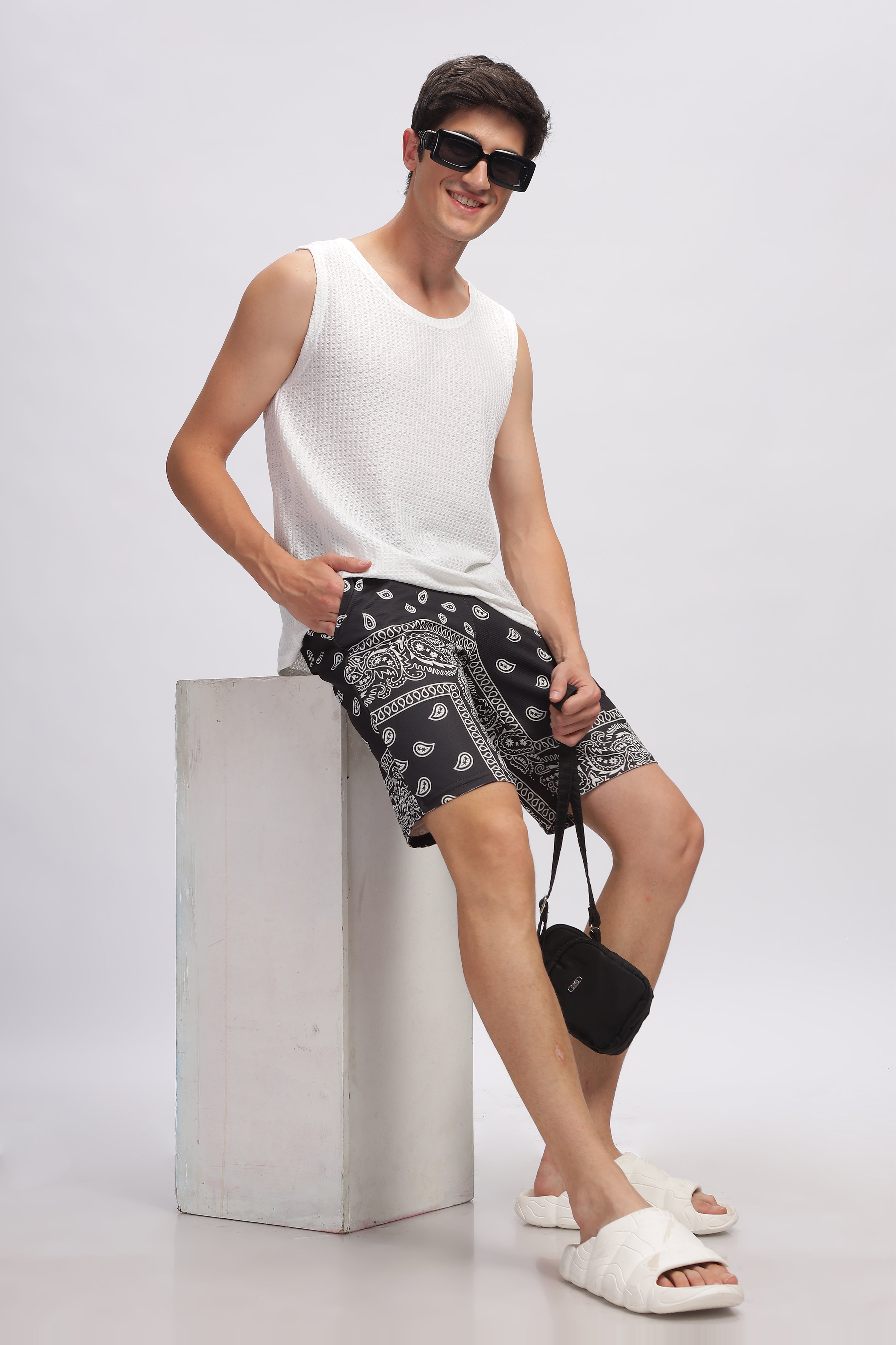 White Black Abstract Printed Summer Short