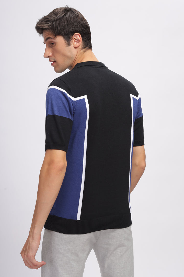 Blue Black Premium Cotton Flat Knit Polo T-Shirt
