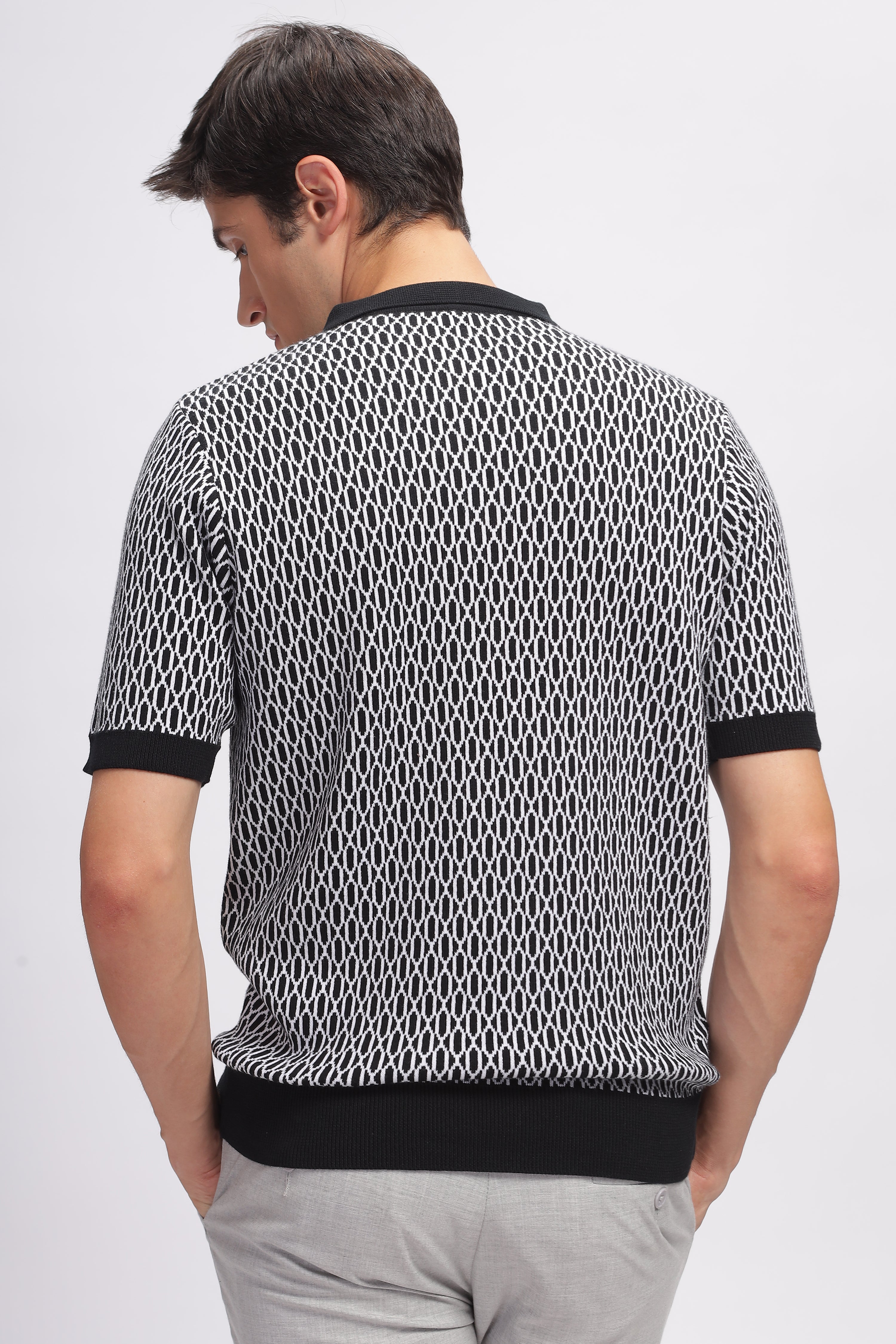 Black Abstract Flat Knit Premium Cotton Polo T-Shirt