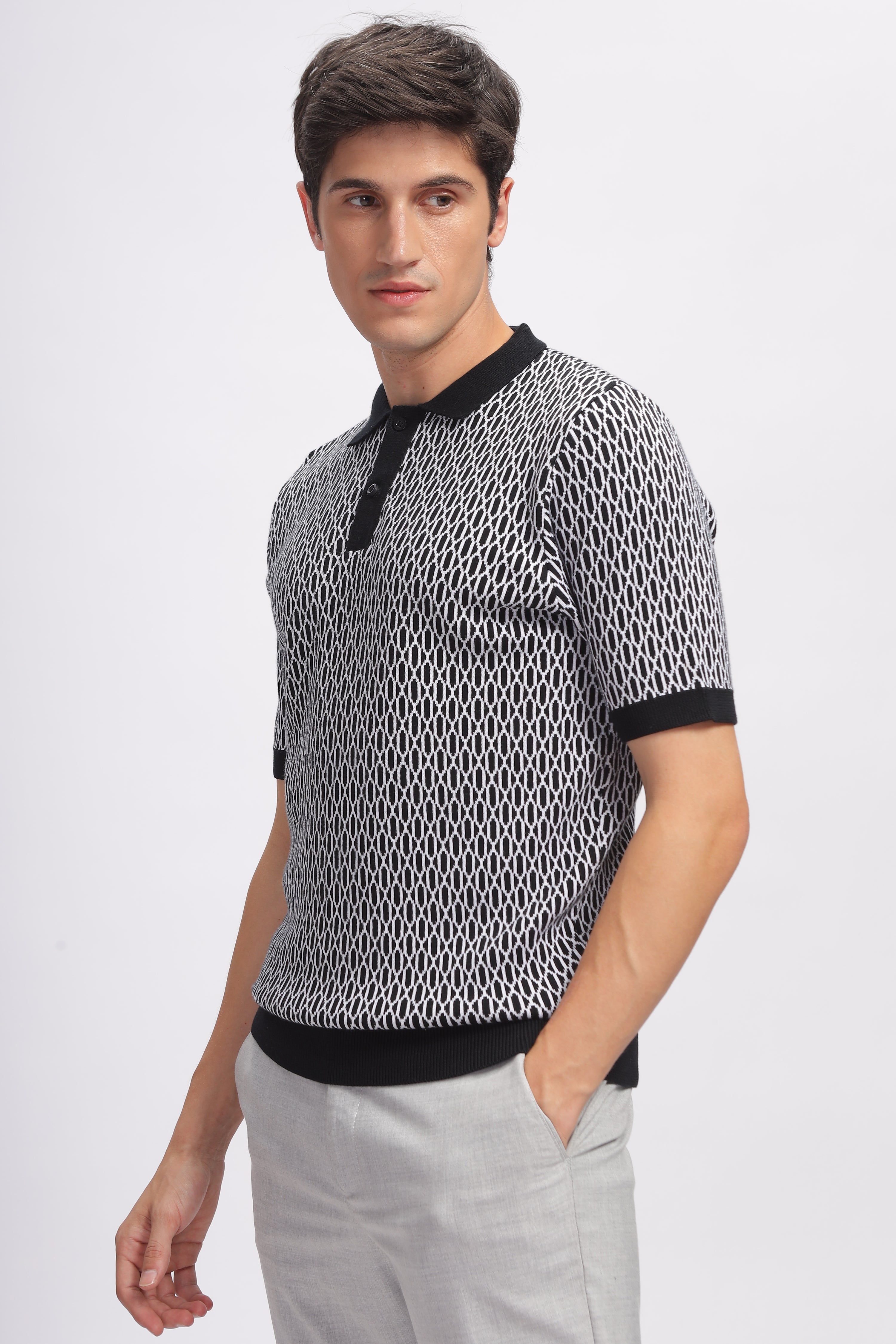 Black Abstract Flat Knit Premium Cotton Polo T-Shirt