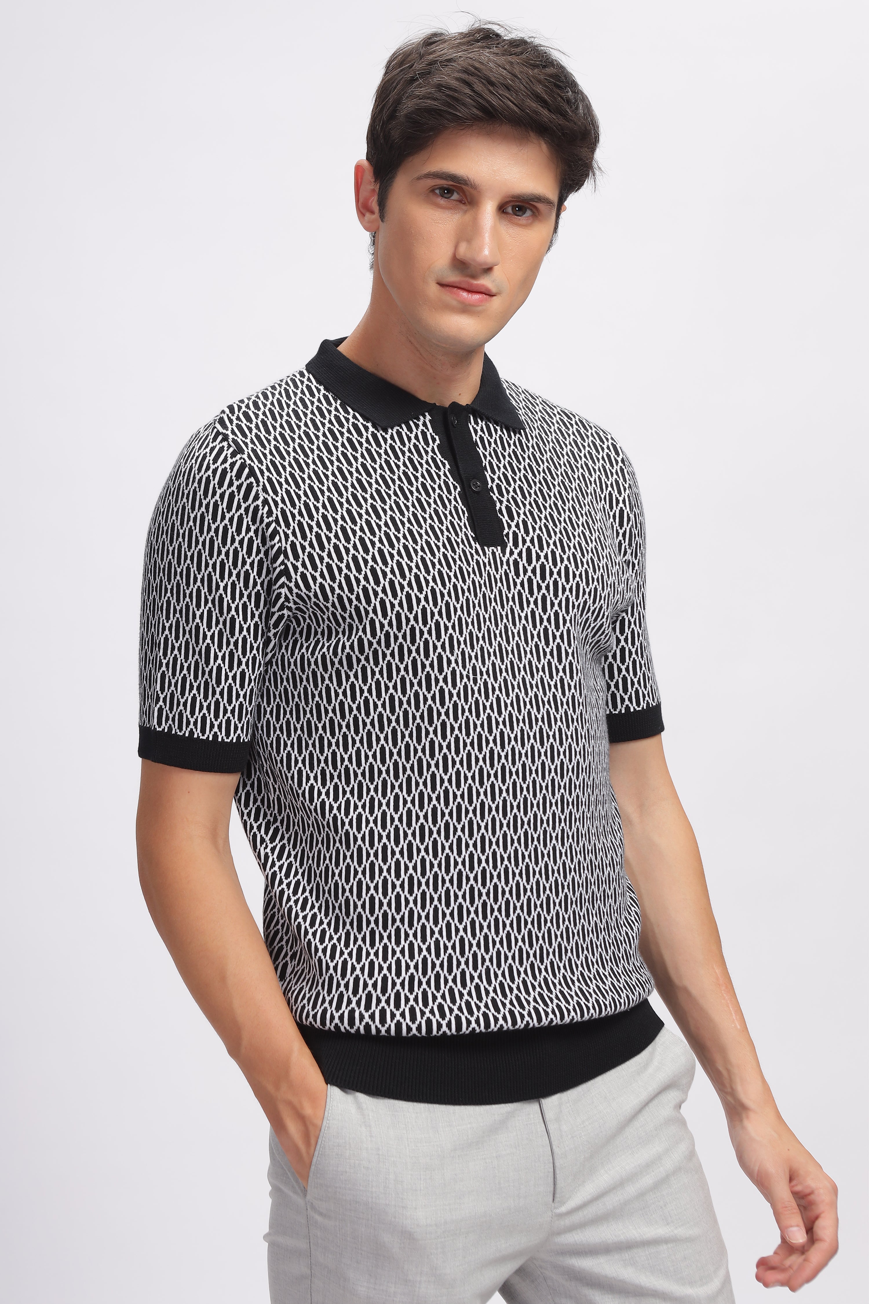 Black Abstract Flat Knit Premium Cotton Polo T-Shirt