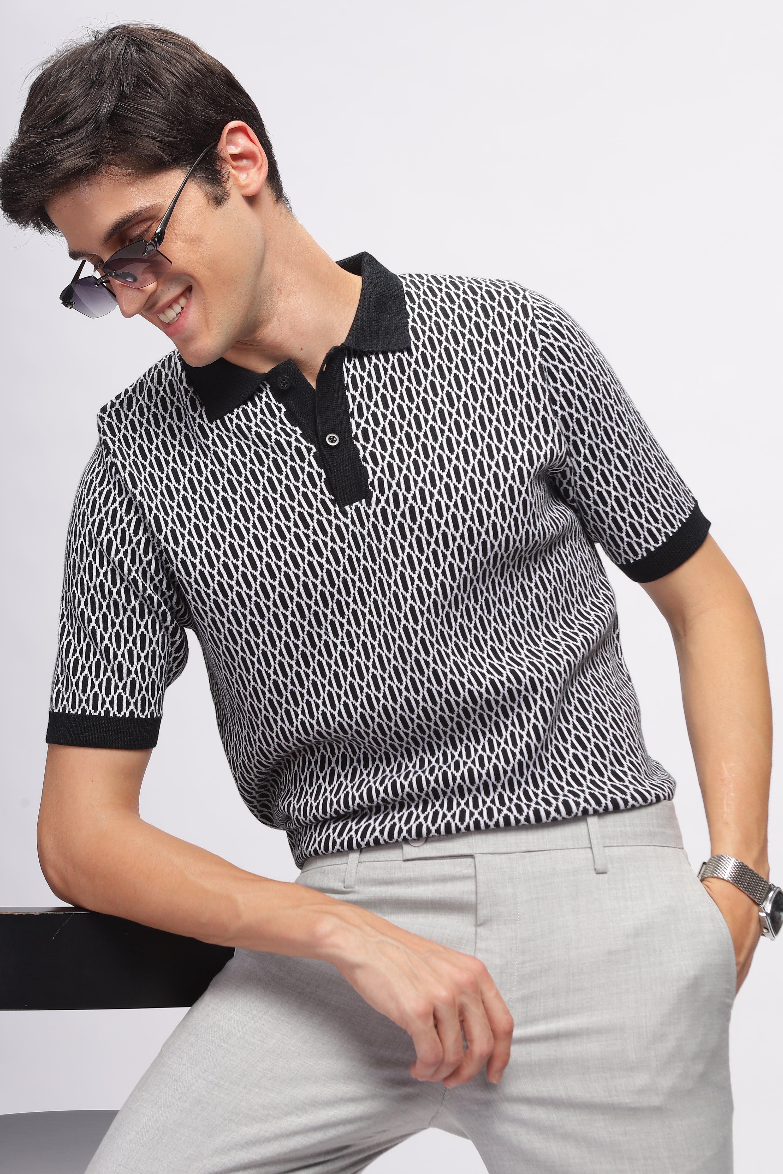 Black Abstract Flat Knit Premium Cotton Polo T-Shirt
