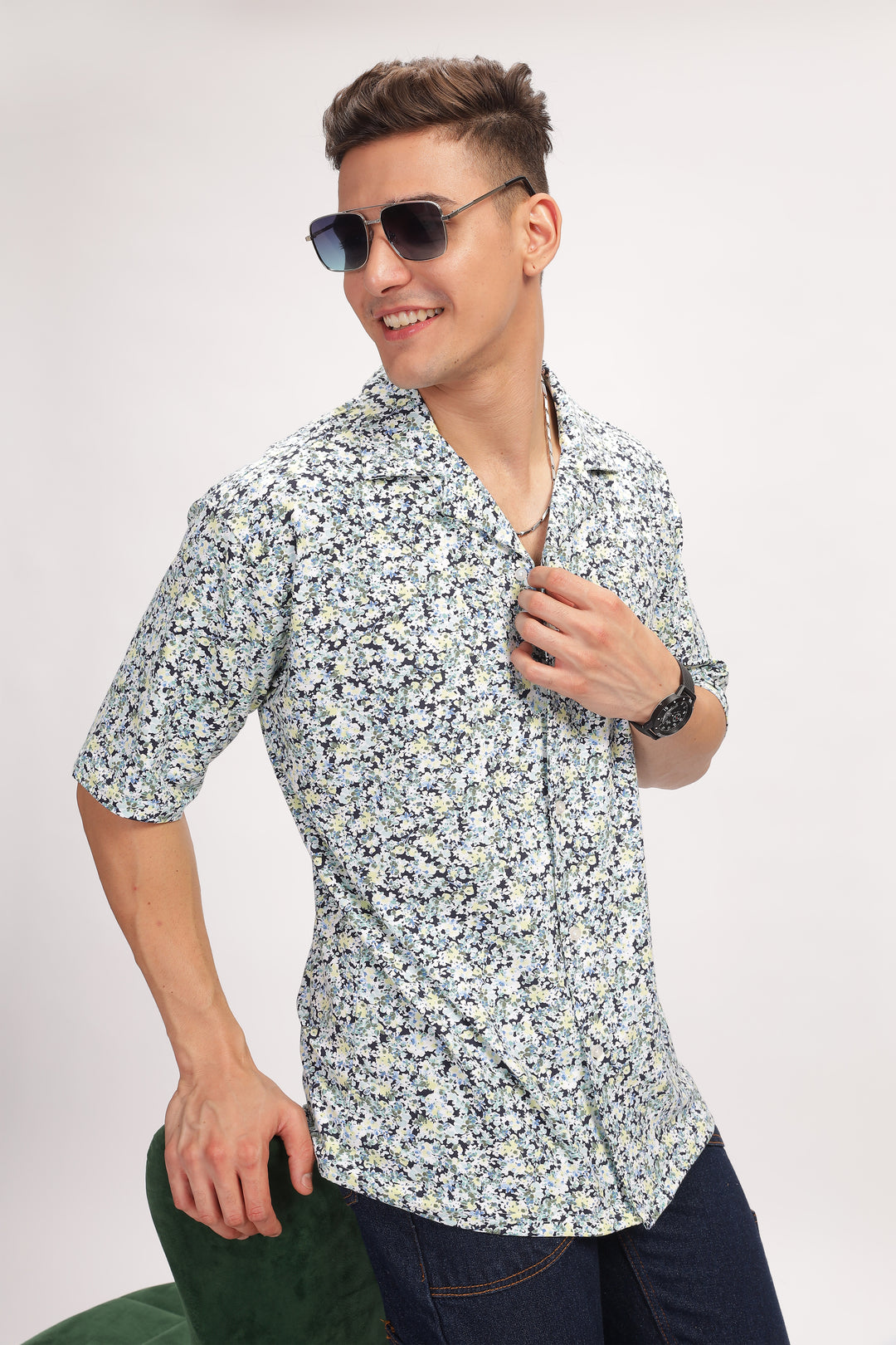White Floral Revere Collar Shirt