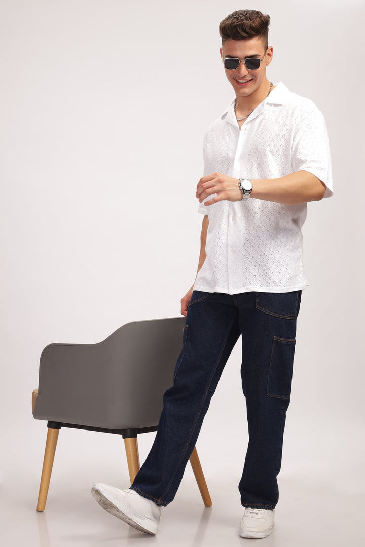 White Oversized Self Design Shirt