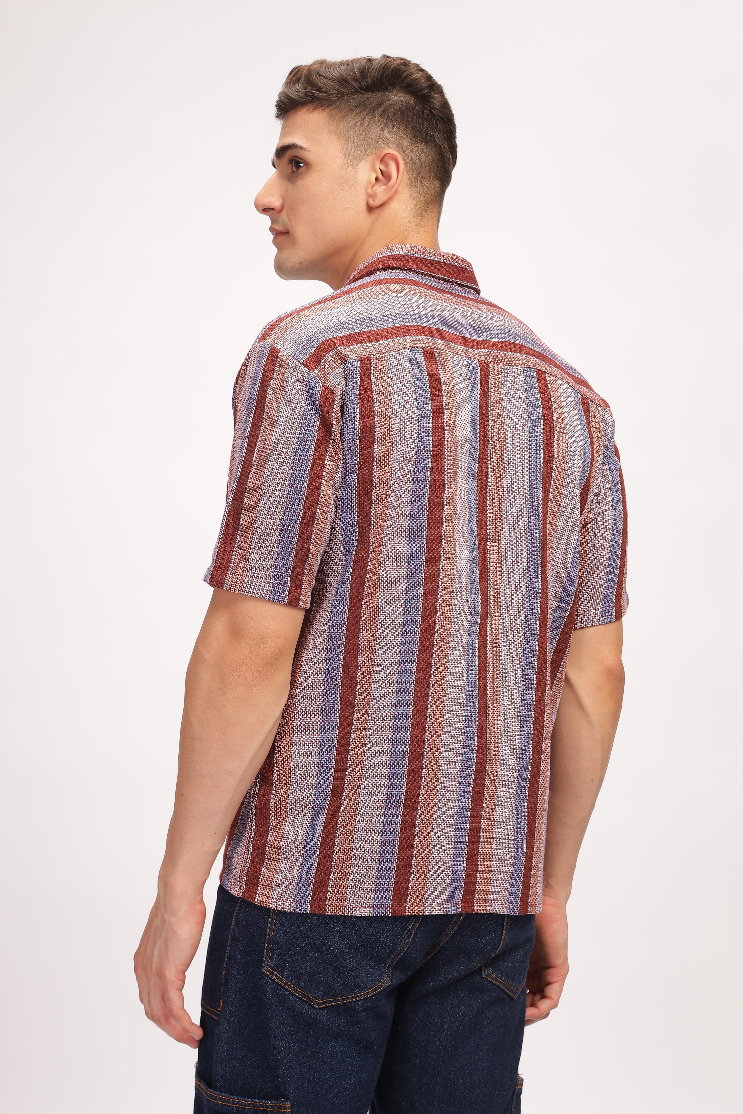 Wine Stripe Self Design Textured Shirt