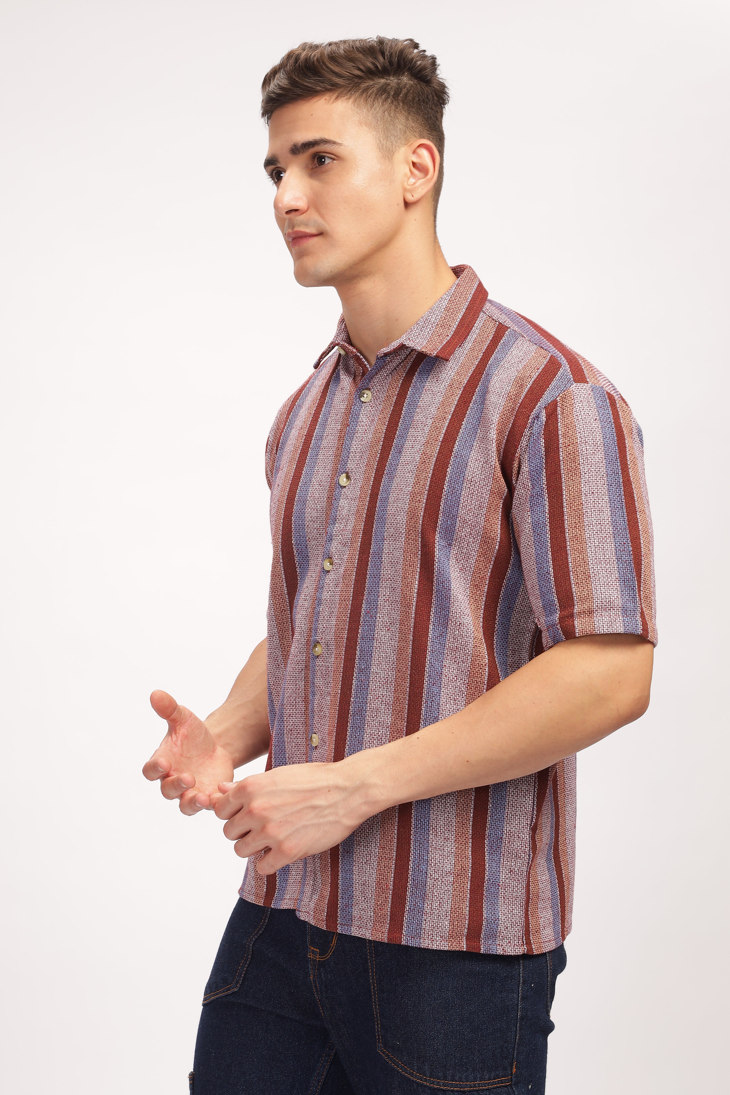 Wine Stripe Self Design Textured Shirt