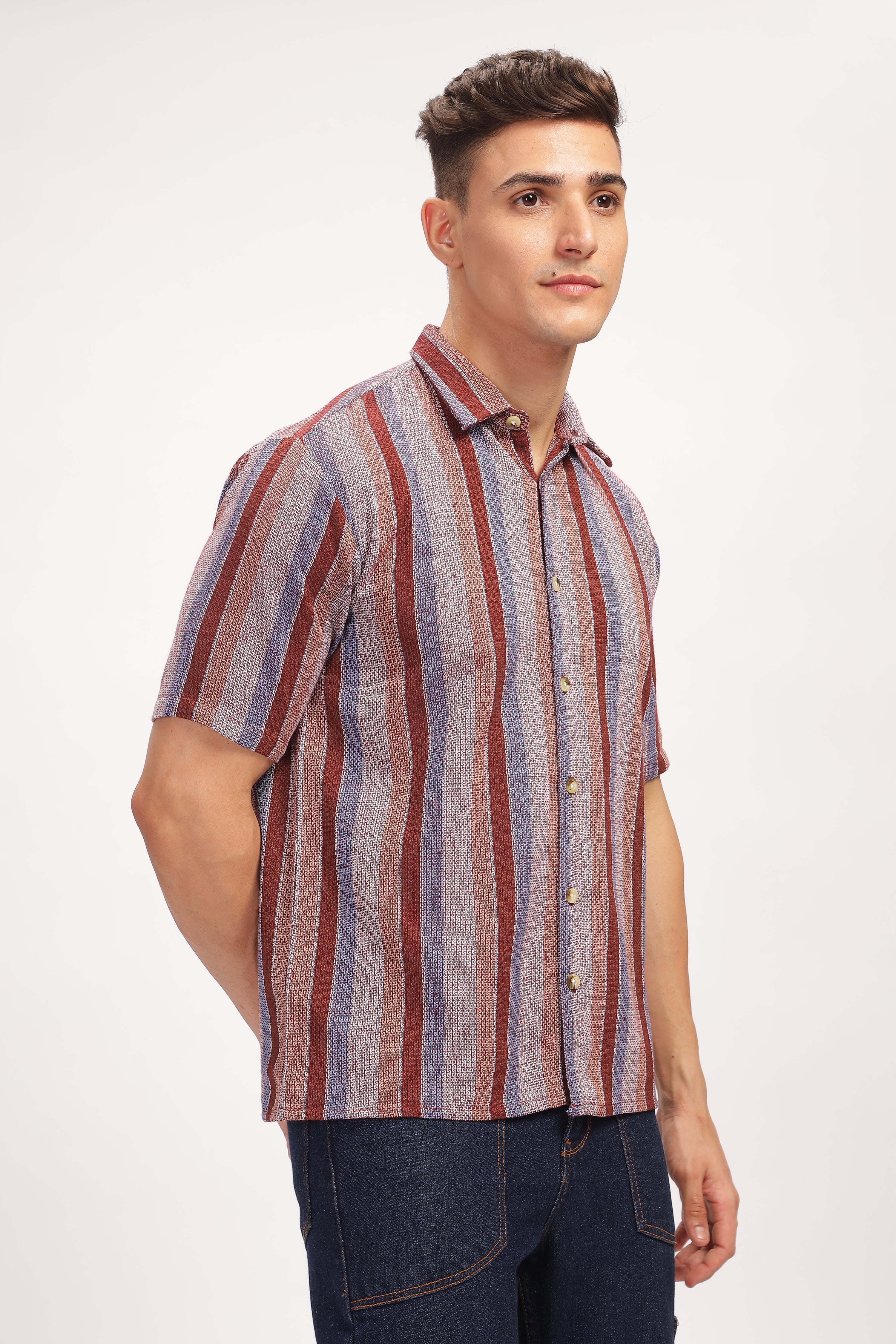 Wine Stripe Self Design Textured Shirt