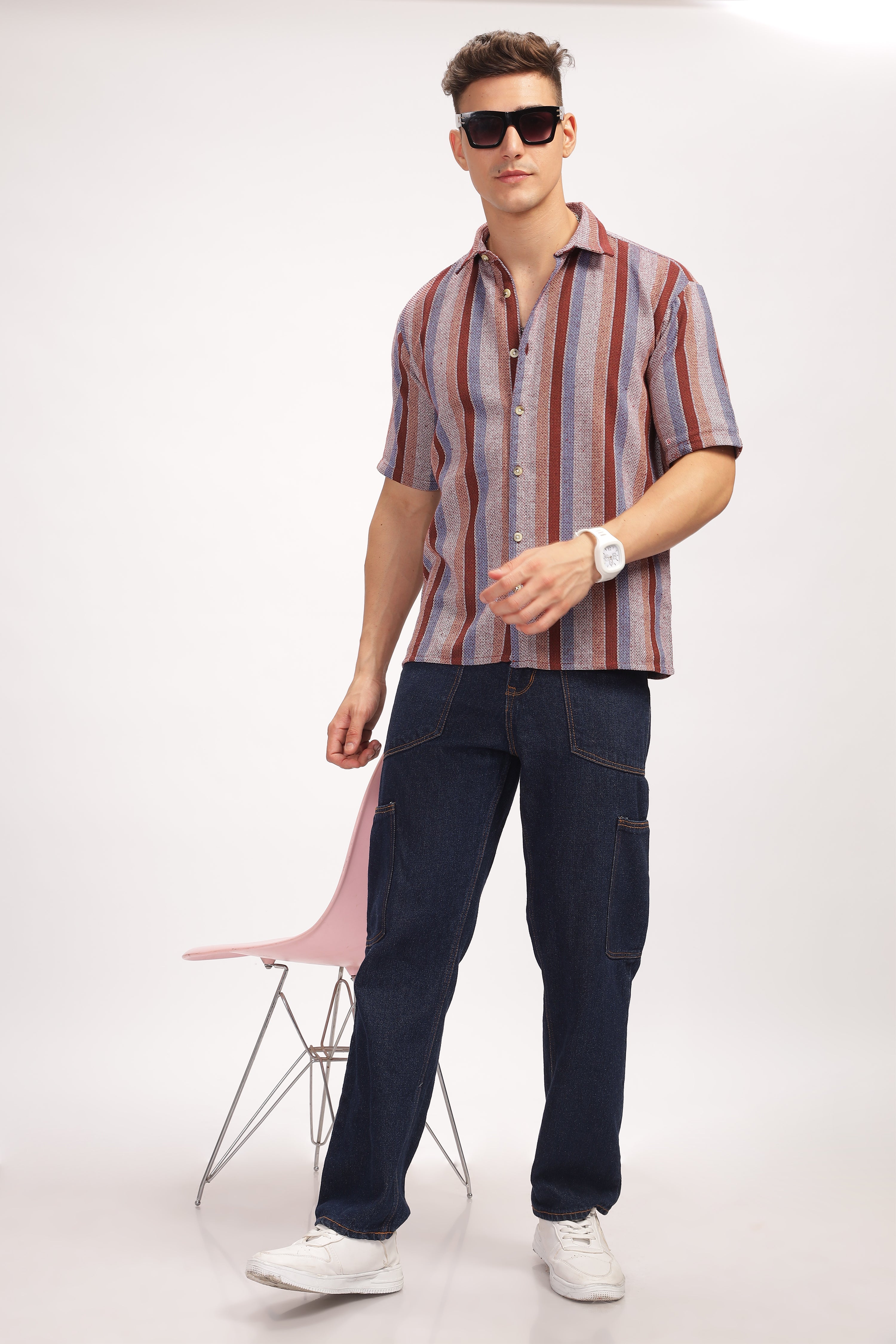 Wine Stripe Self Design Textured Shirt