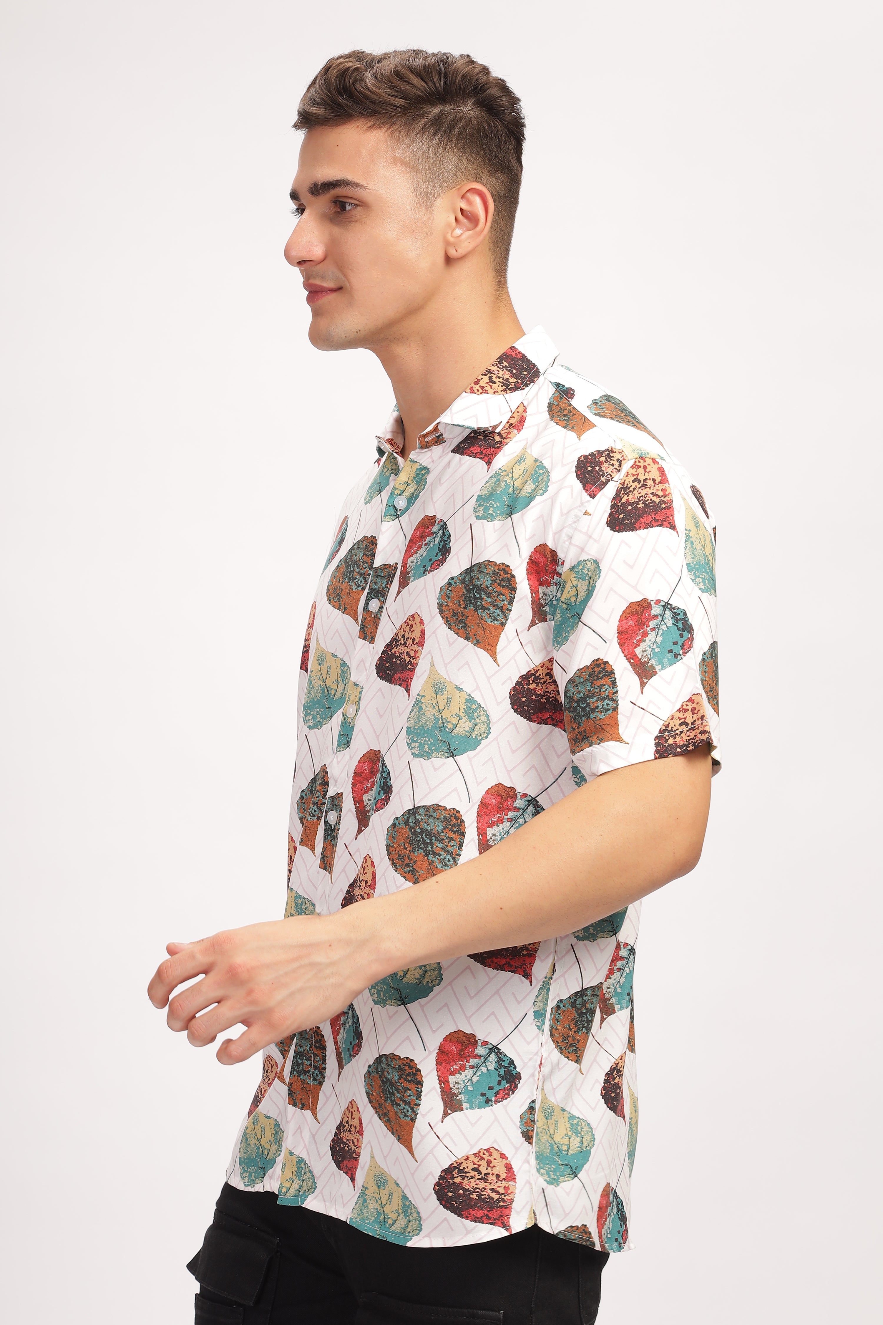 White Leaf Printed Oversized Shirt
