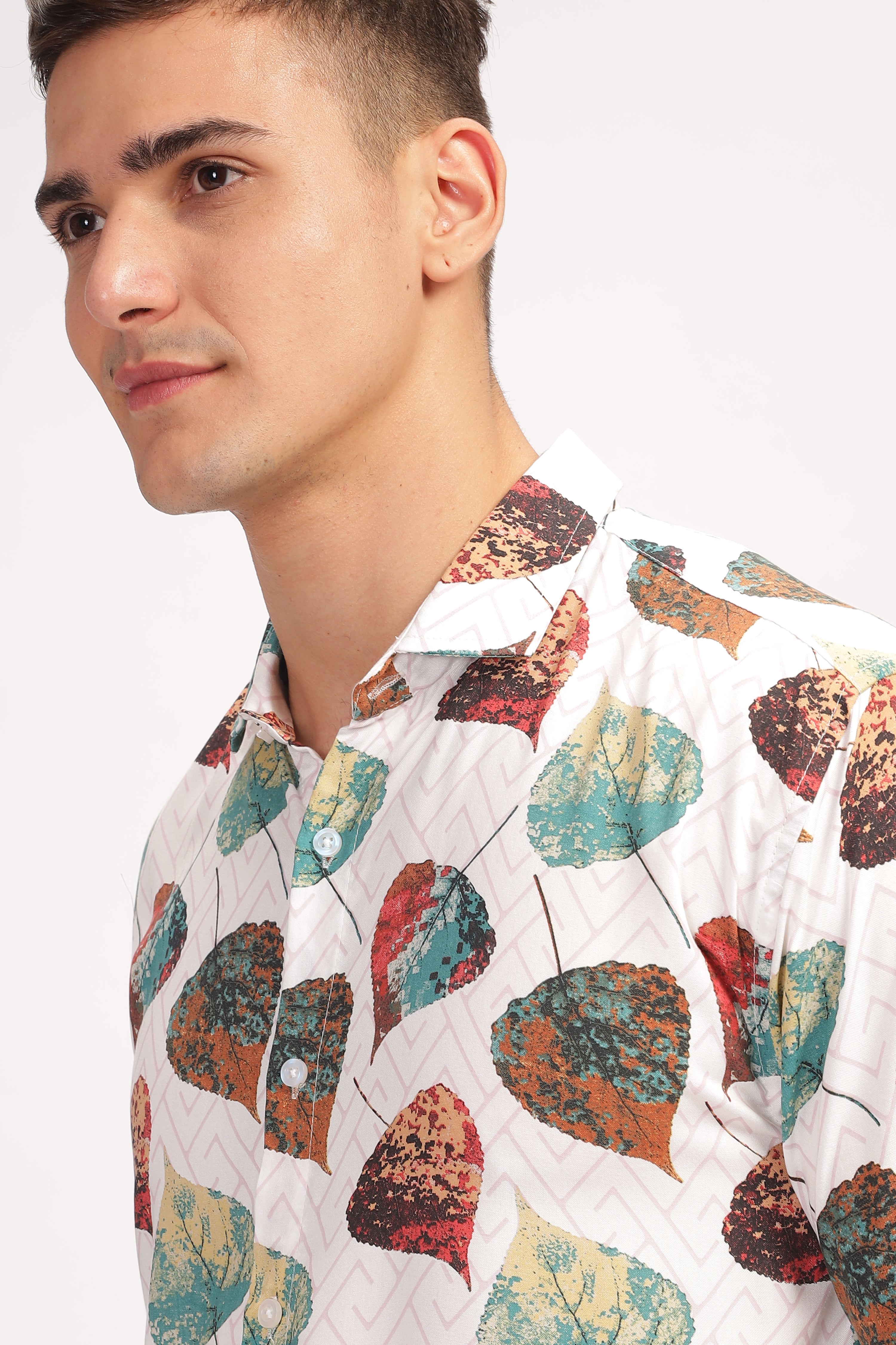 White Leaf Printed Oversized Shirt