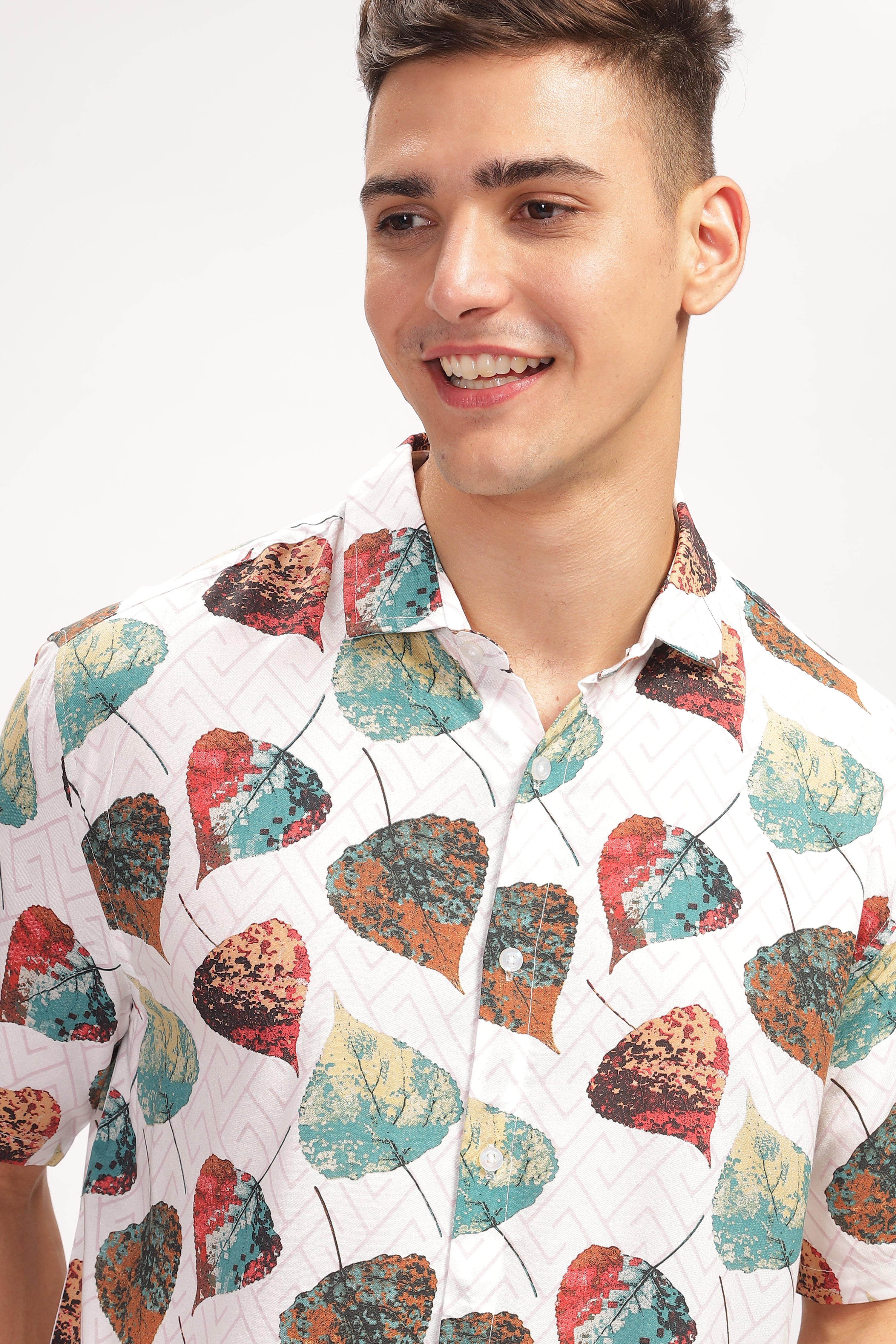 White Leaf Printed Oversized Shirt