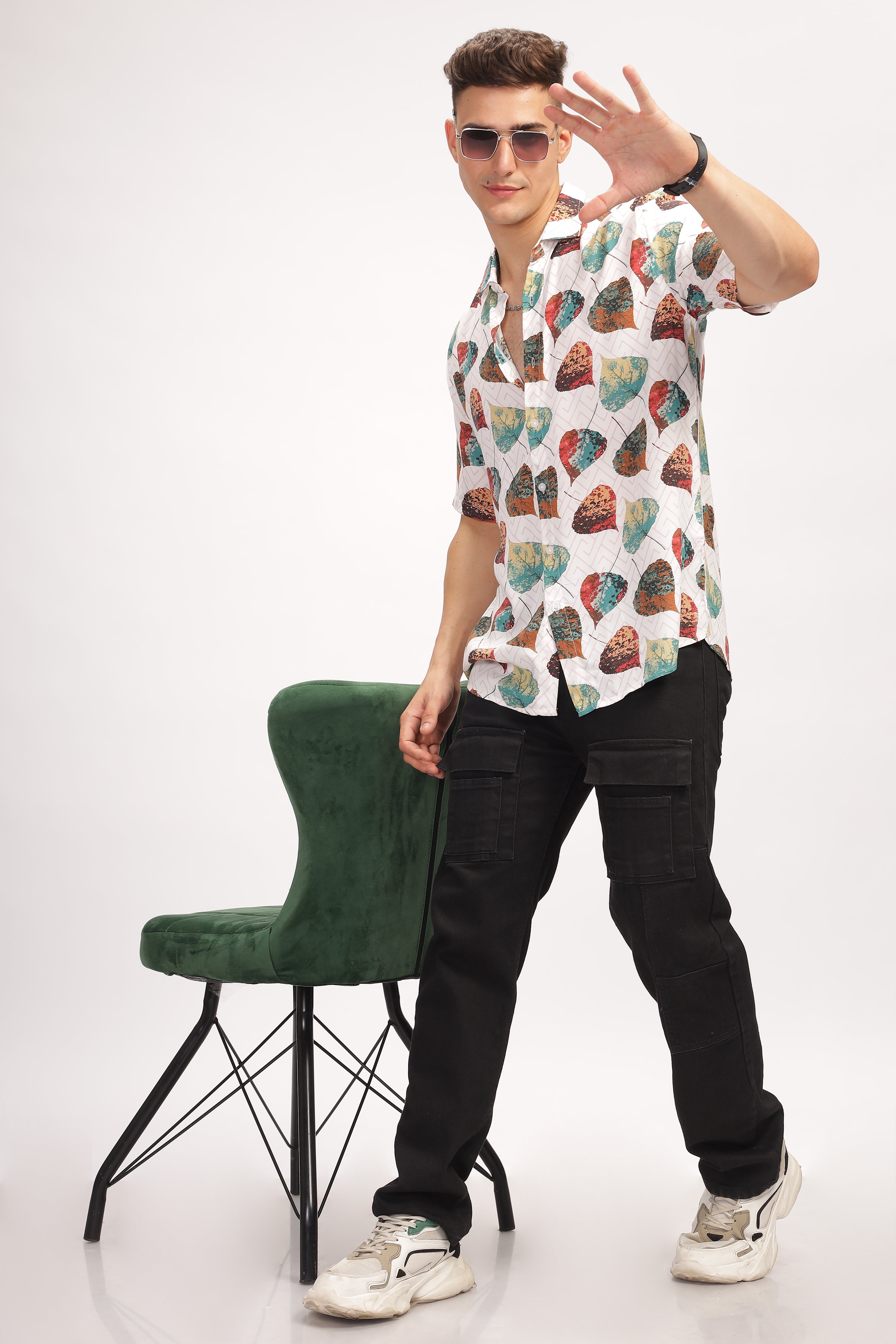 White Leaf Printed Oversized Shirt